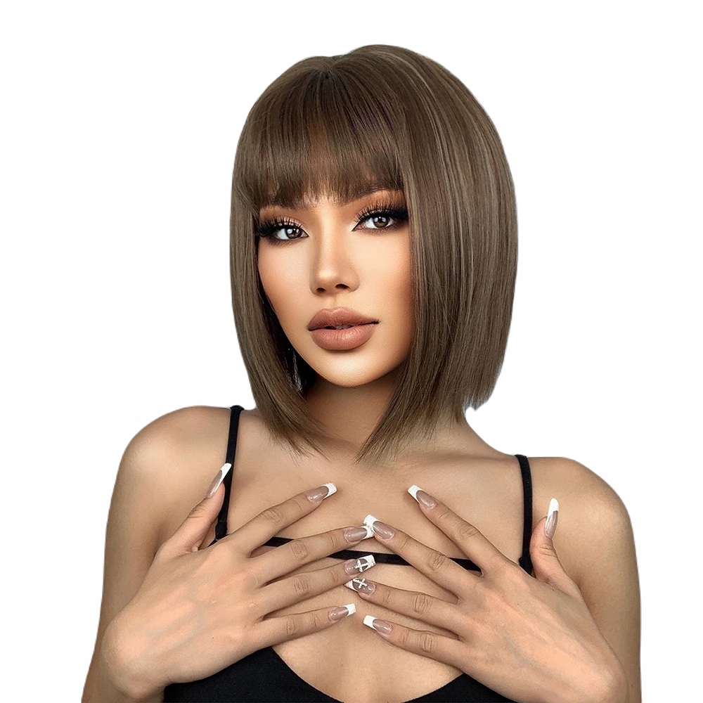 Peruka damska brąz z blond pasemkami z grzywką prosty bob syntetyczna