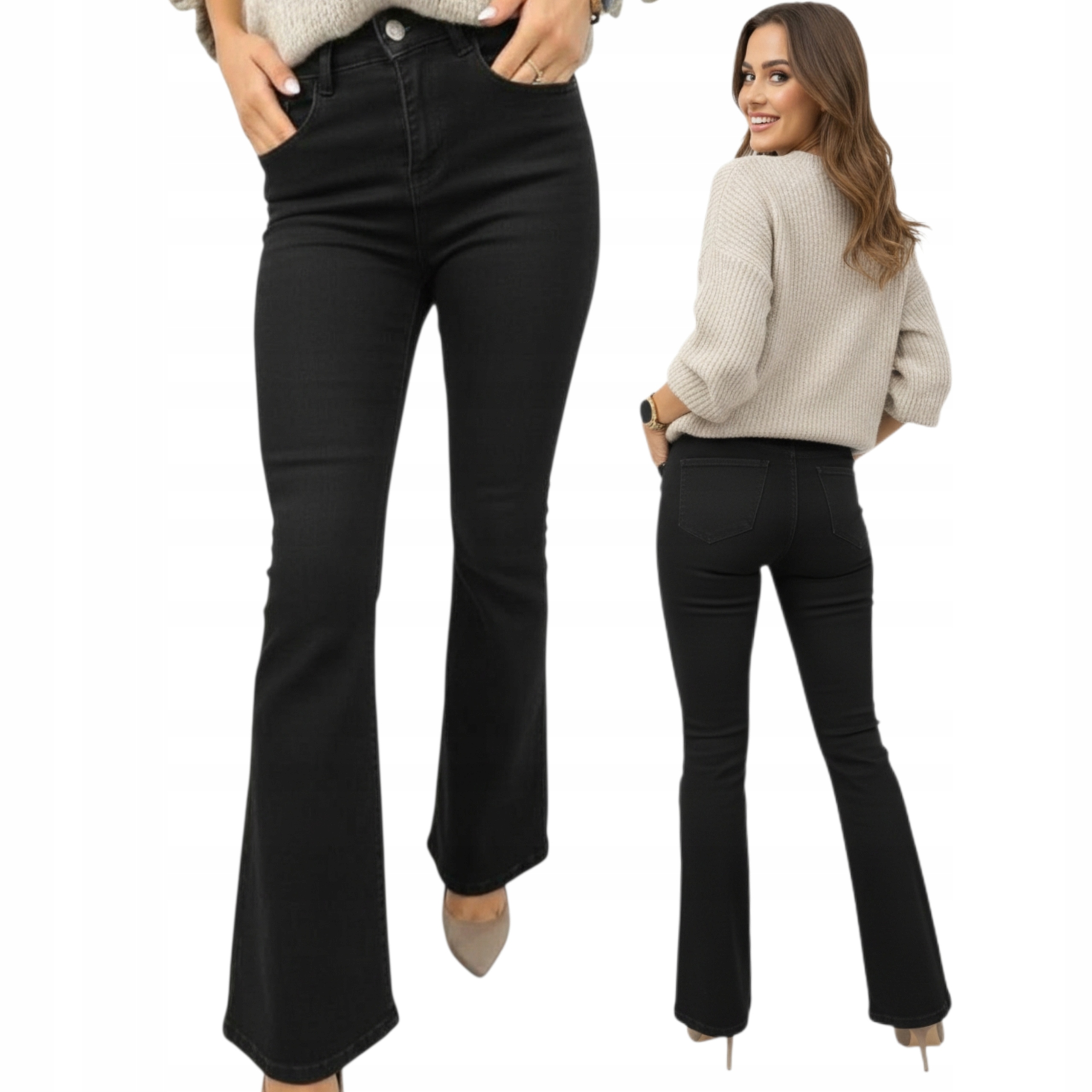 Módní Džínové Kalhoty Černé Zvony Flare Fit, Modelovací, vel. 42 XL