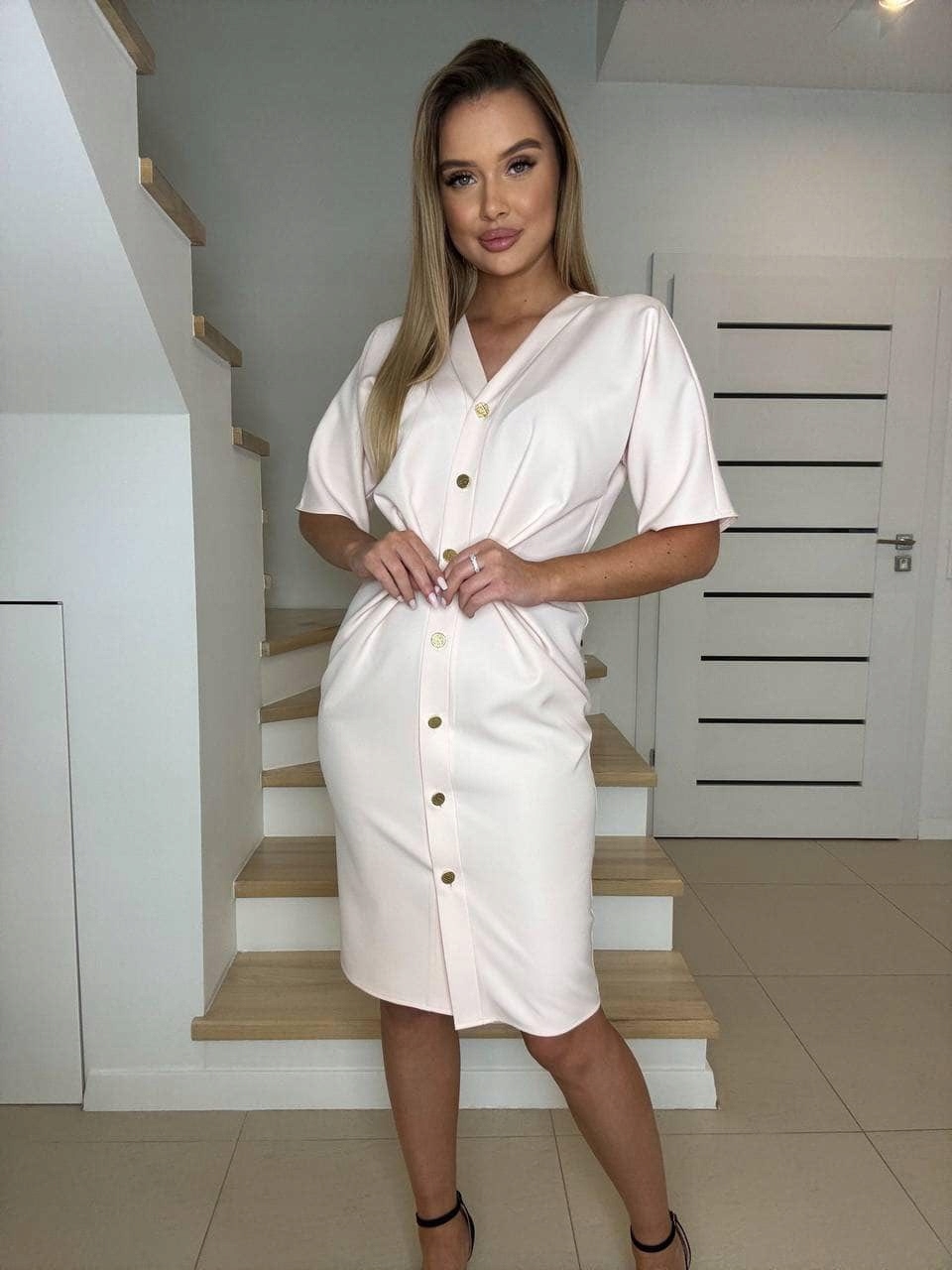 Elegantní midi Šaty se zlatými knoflíky a volánky, broskvová barva vel. 38