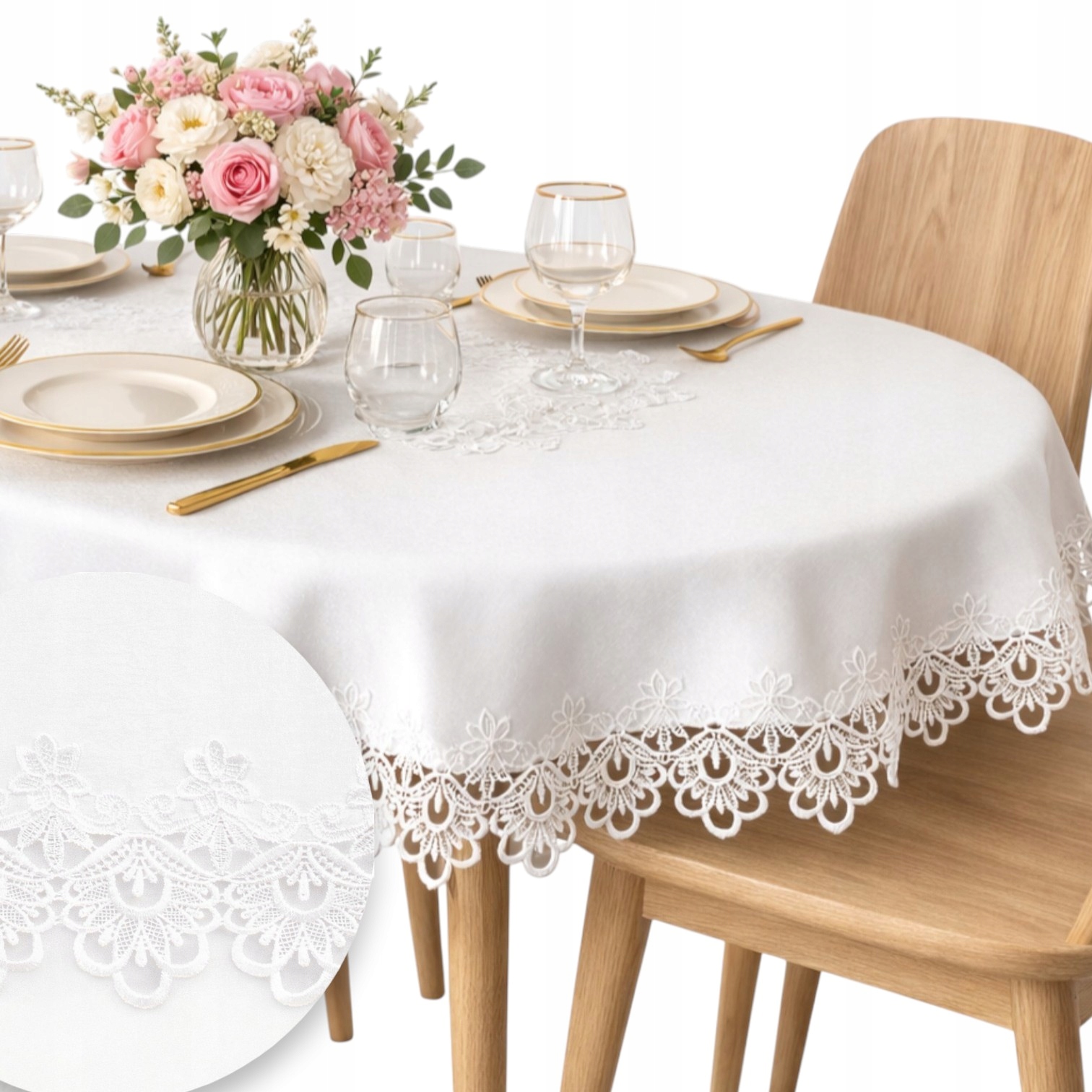 Oválný Ubrus na stůl Elegantní boho krajkový ovál s gipiurou 150x260 Bílý