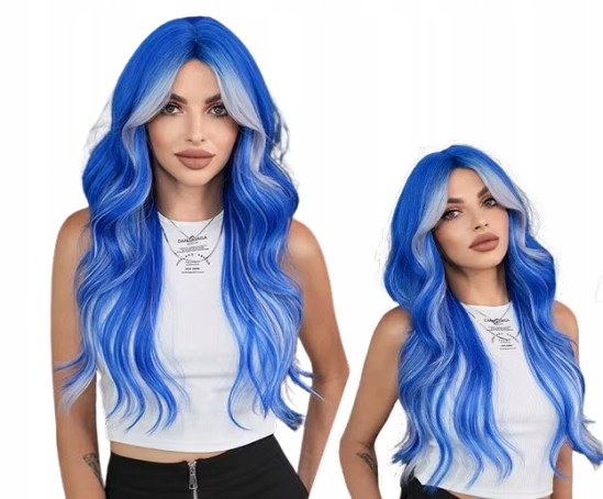 Modrá paruka s odvážným bílým čelem a pruhy, výrazný styl