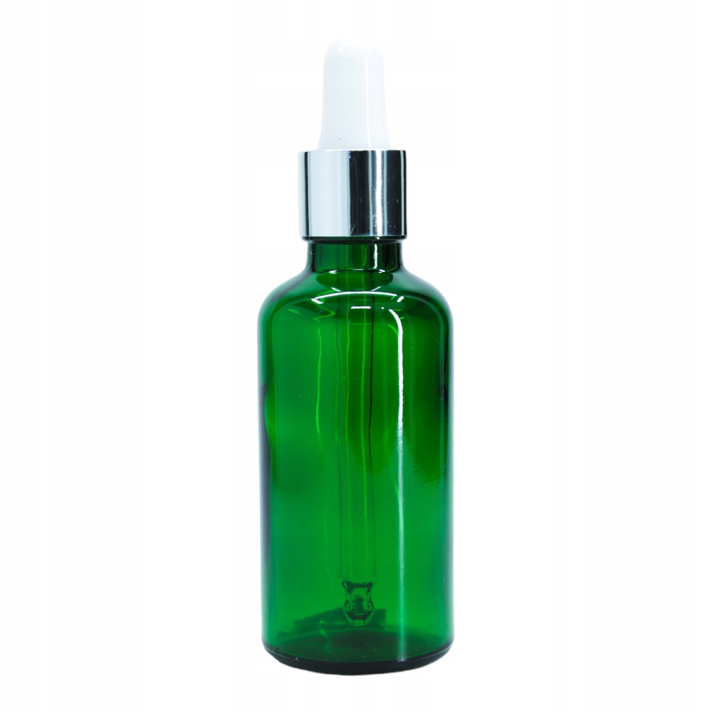 Butelka szklana 50 ml zielona z pipetą szklaną srebrno-białą