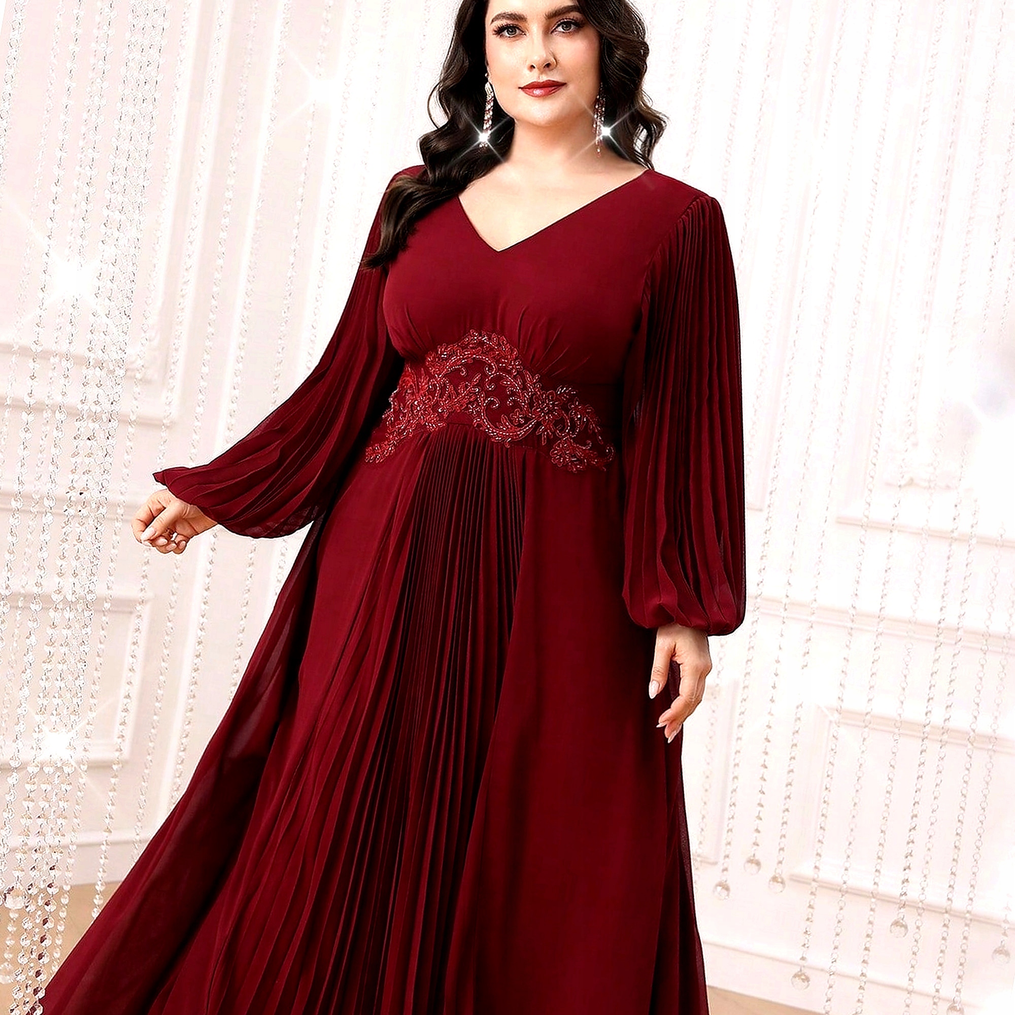 Šaty Na Svatební Hostinu Trapézová Dlouhá Toleen Elegantní Burgundská 3XL 46