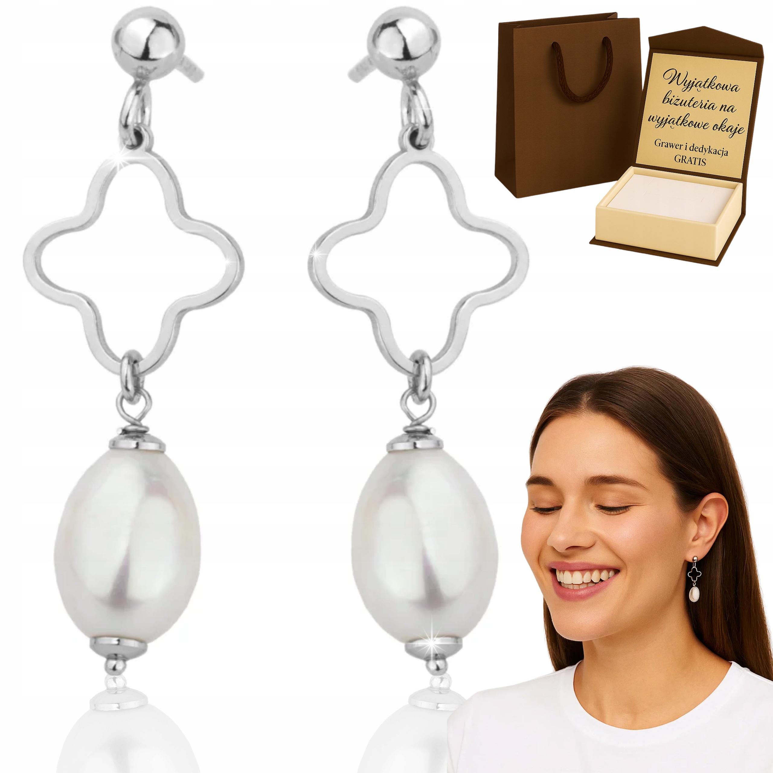 Dámské stříbrné závěsné Náušnice s bílými kameny, Čtyřlístek ryzost 925