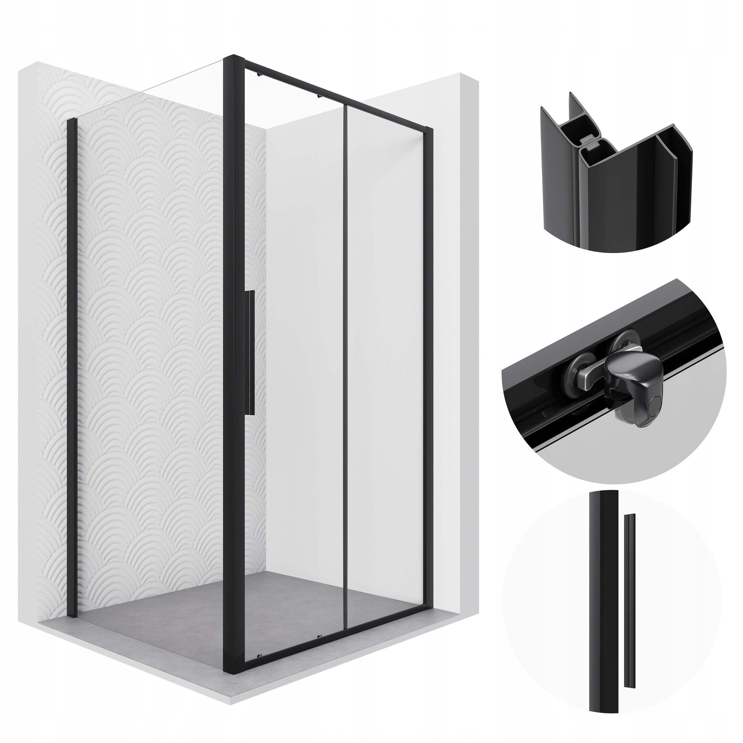 Sprchový Kout 120x80 Černá Obdélníkové Posuvné Dveře Sklo Stěna