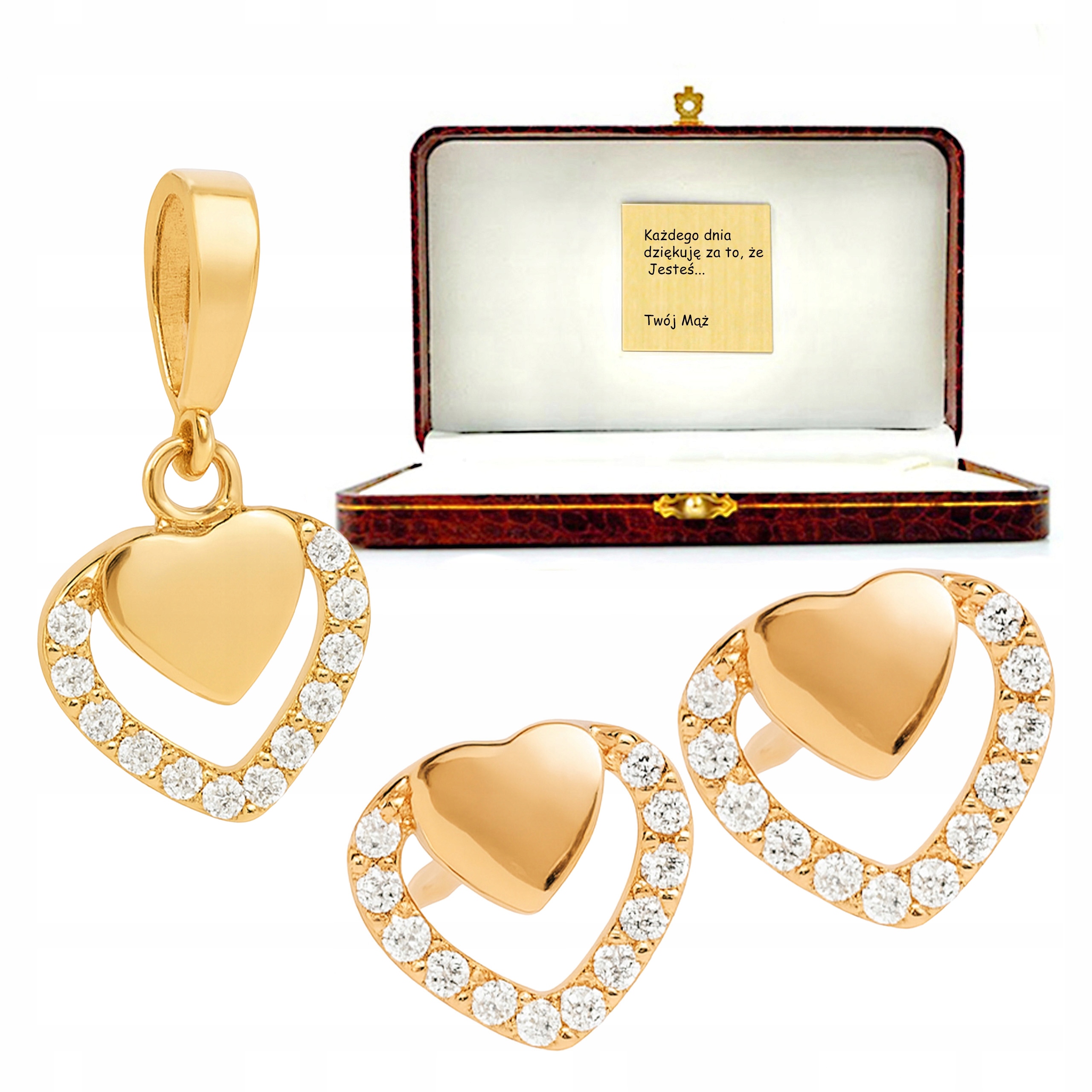 Zlatý komplet šperků 585 s dvojitými srdíčka a zirkony s gravírováním 14k