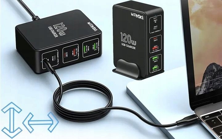 Szybka Mocna Ładowarka Sieciowa Stacja 120W 6xUSB QC do Telefonu Smartfona Kolor czarny