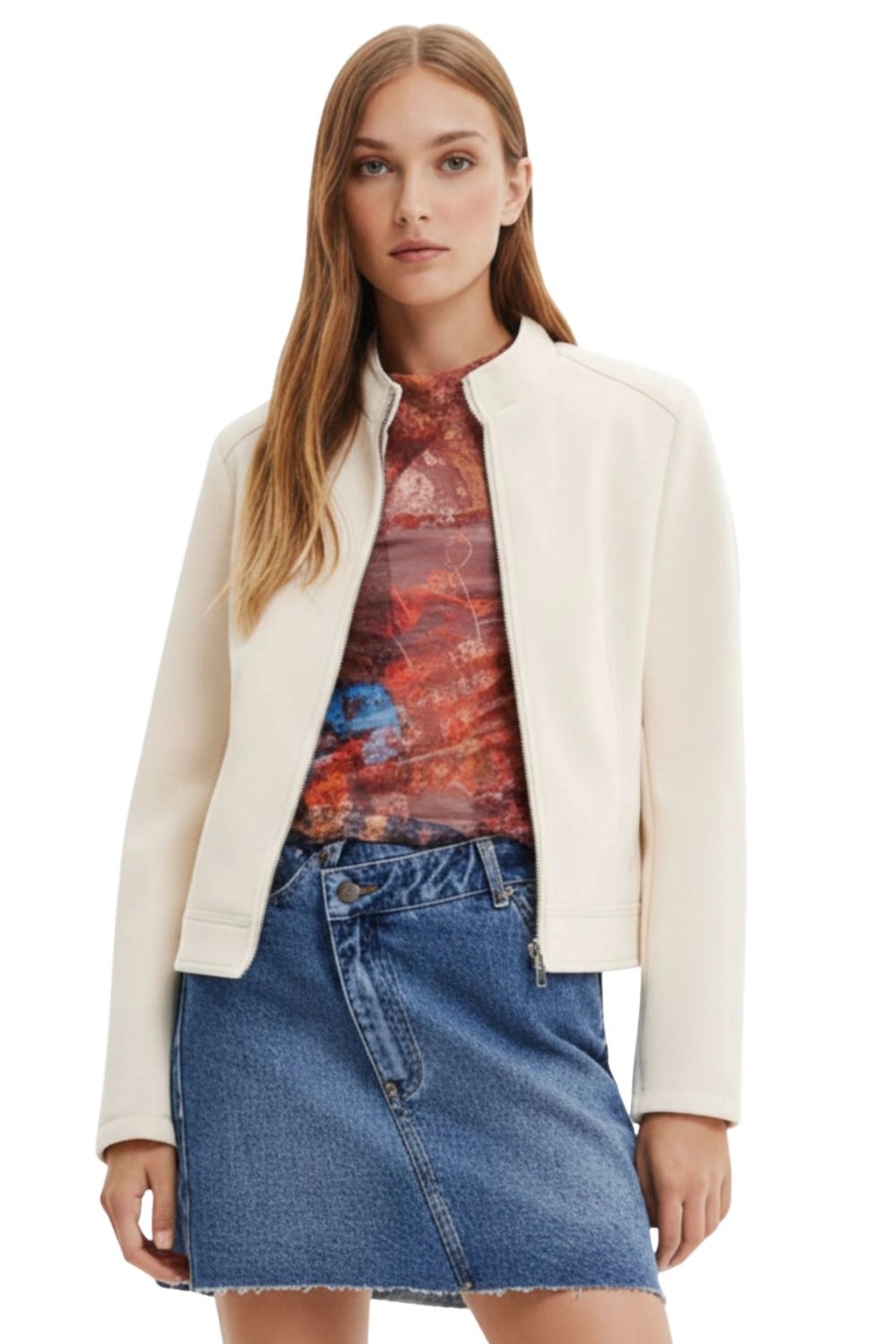 Dámská bunda Desigual z eko kůže, krémová, ramoneska, velikost vel.