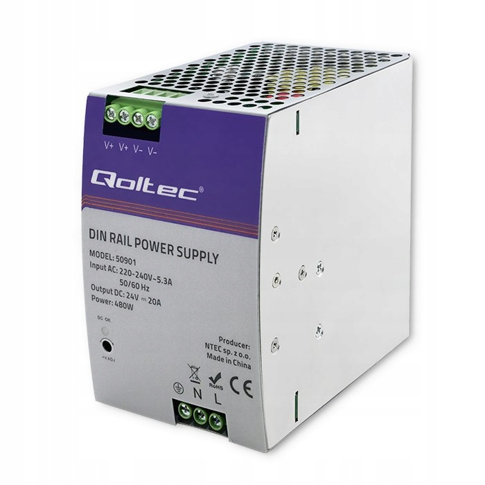 Qoltec Napájecí Zdroj Pro Průmyslovou Din Lištu 480 W 24 V 20 A