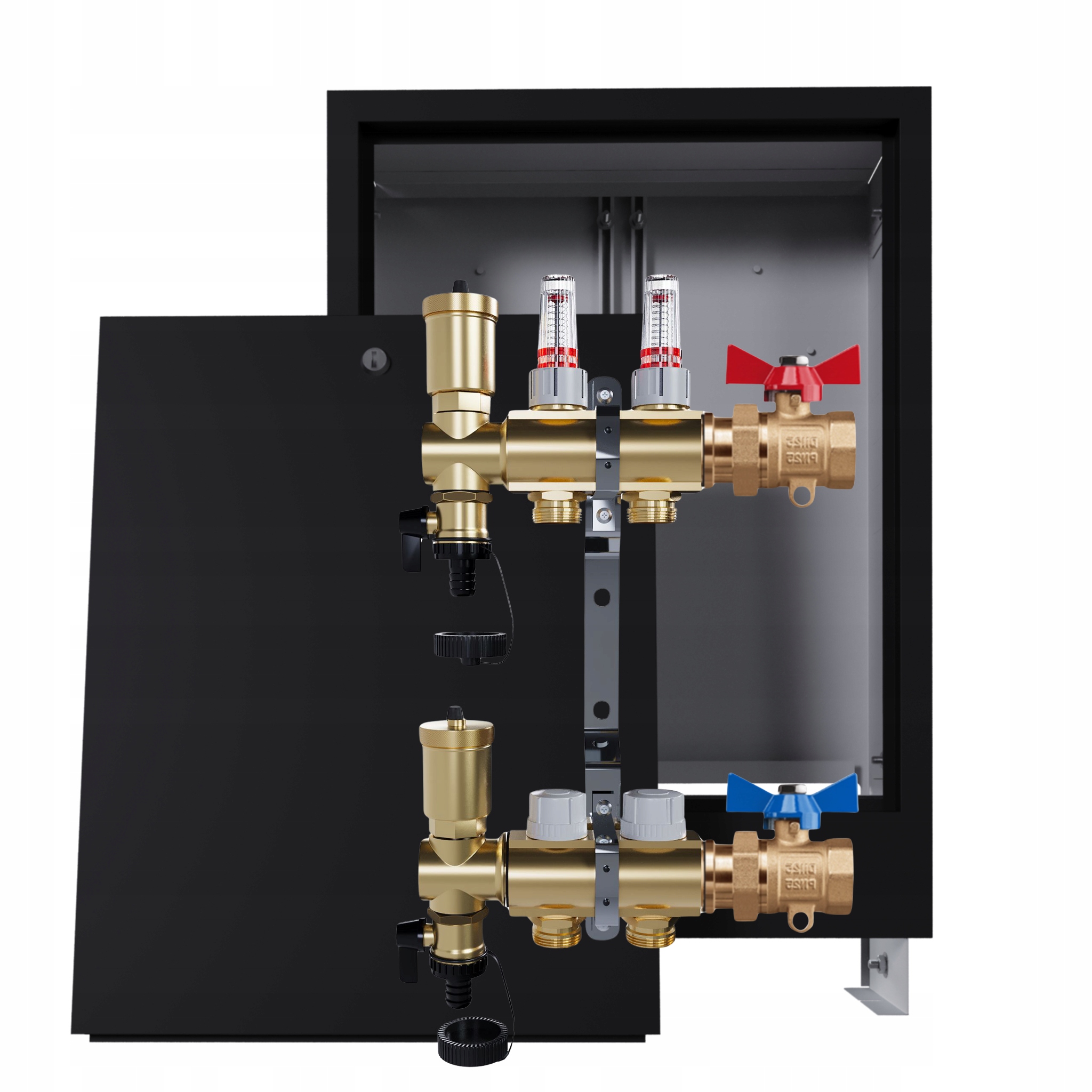 Rozdělovač podlahových krytin mosazný 2 okruhy skříňka černá jednoduchý ventil