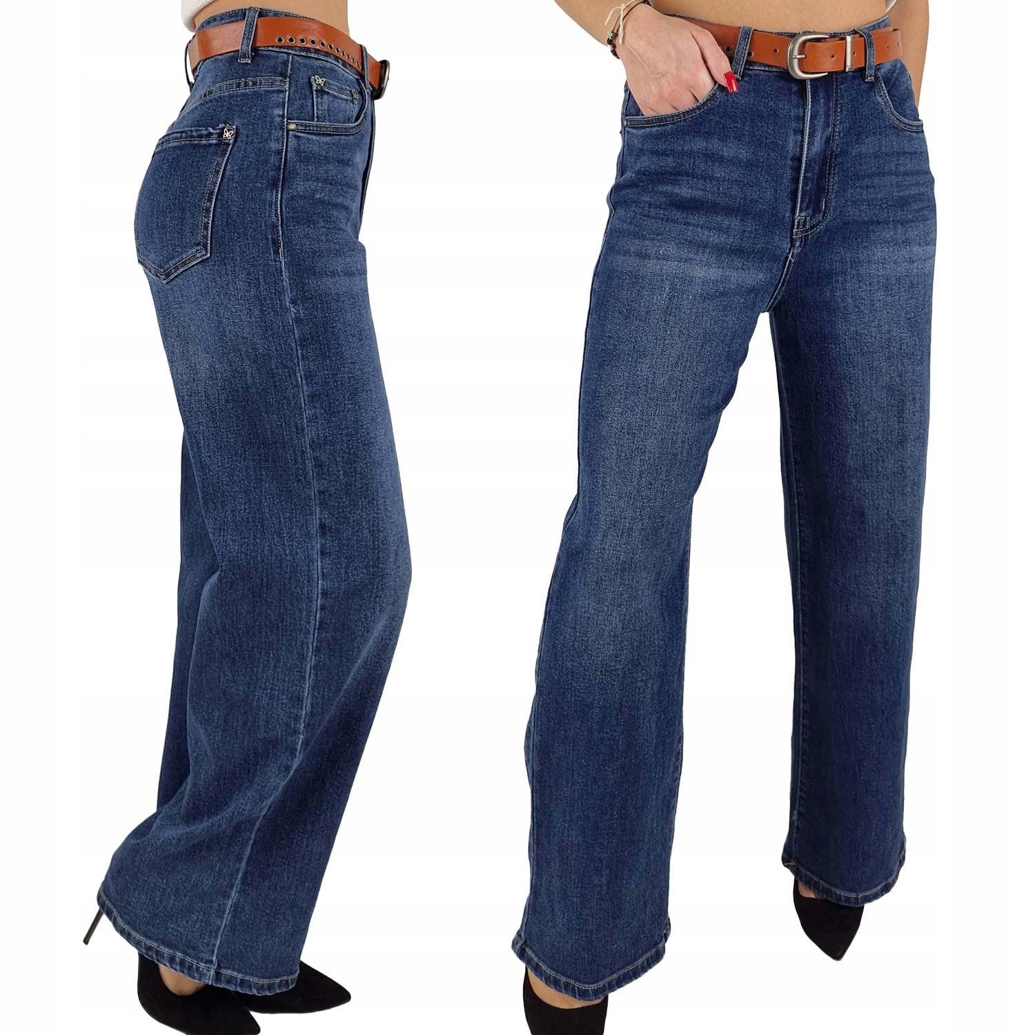 Damskie Spodnie Wyszczuplające Jeansy Proste Nogawki Długie Blue