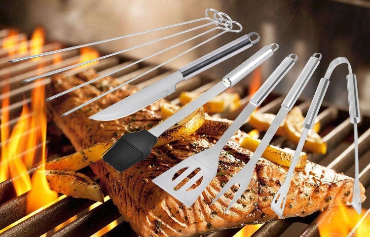 AKCESORIA DO GRILLA ZESTAW SZCZYPCE PRZYBORY ZE STALI NIERDZEWNEJ ETUI 9w1 Kolor czarny odcienie szarości