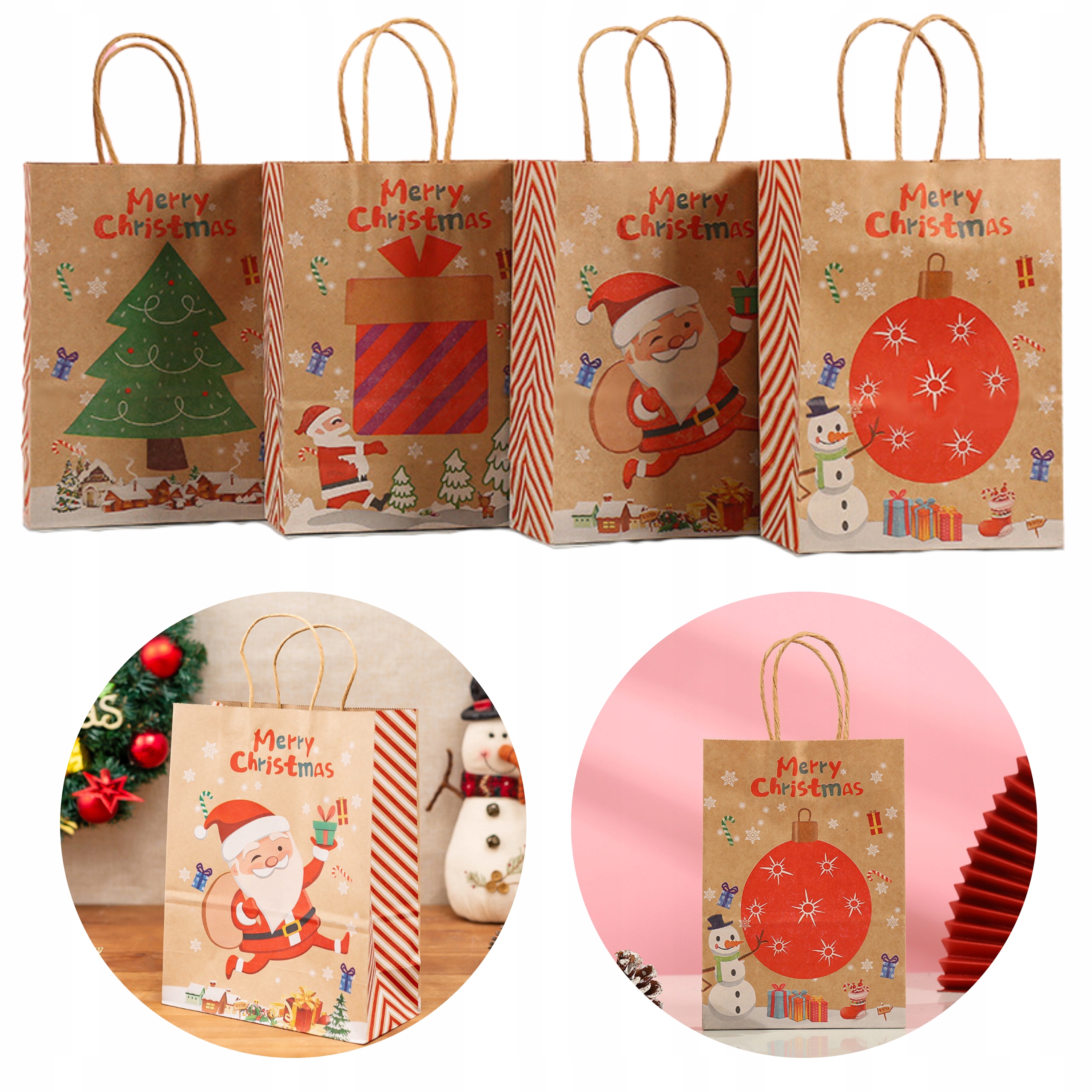 4x Ekologiczne TOREBKI PAPIEROWE świąteczne do PREZENTÓW na MAGICZNE ŚWIĘTA