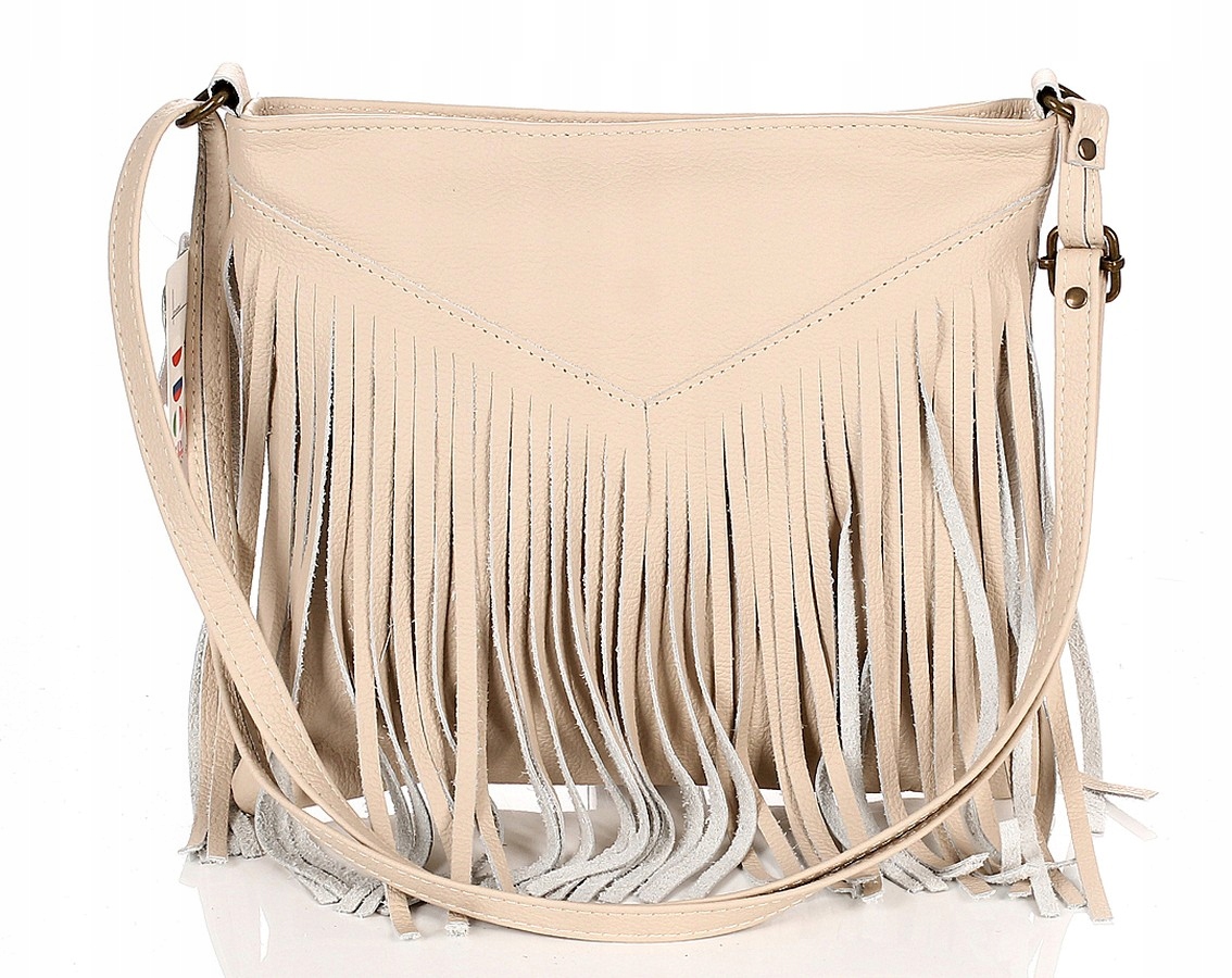 Vera Pelle Italy Beżowa torebka listonoszka z frędzlami Skóra Naturalna