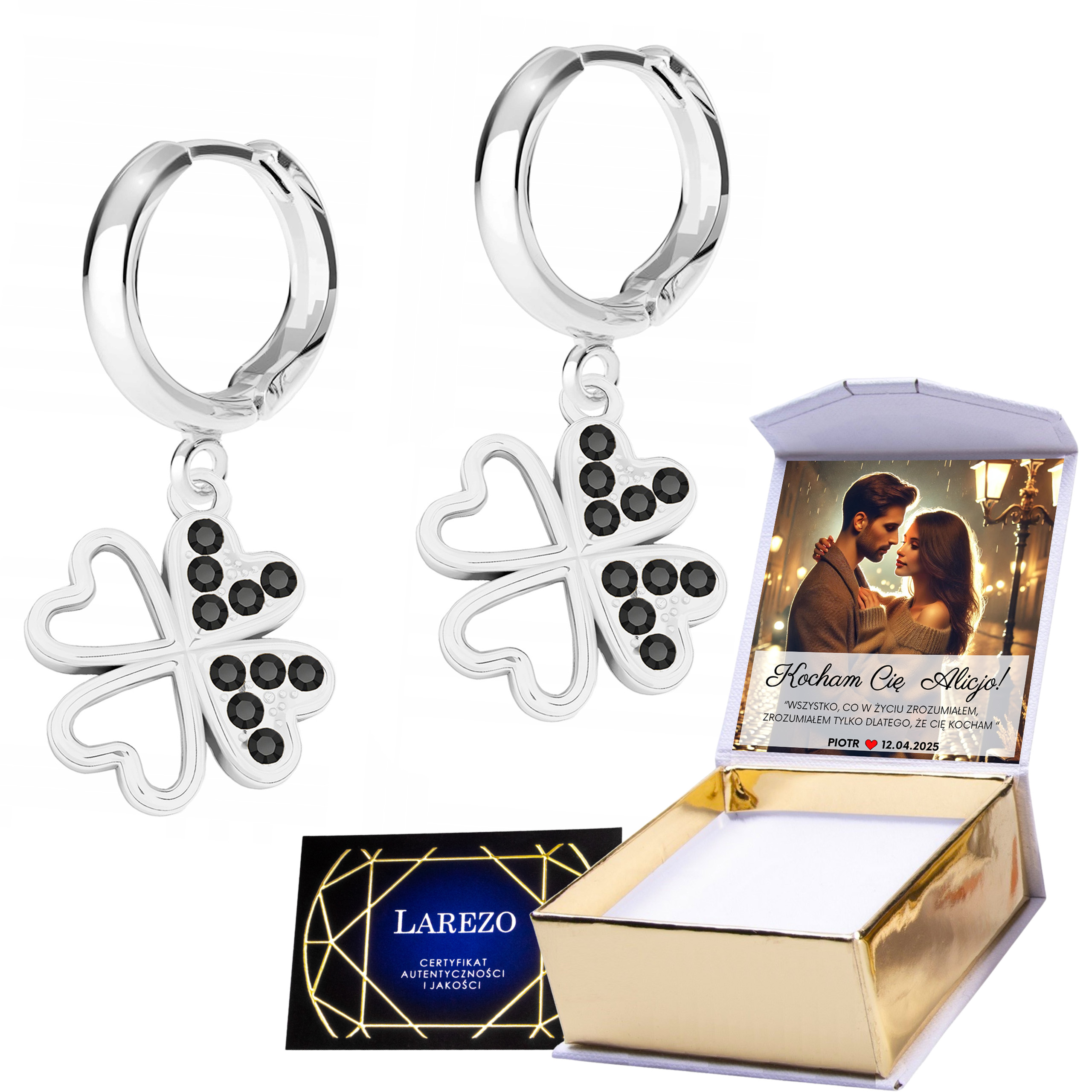 Stříbrné Náušnice 925 Čtyřlístek Čtyřlístek Černé Zirkony Květiny Potisk