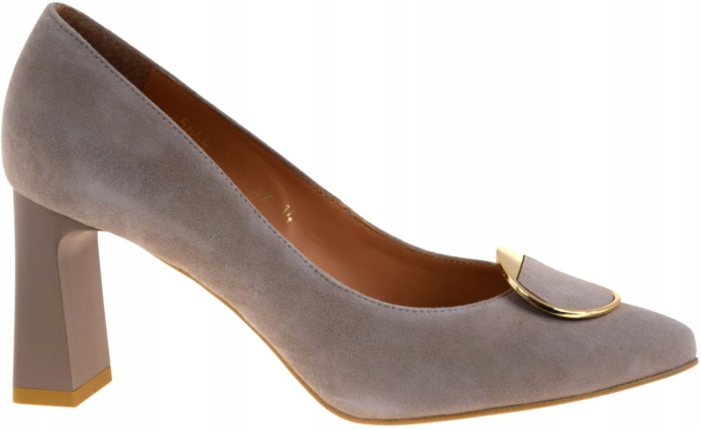Semišové lodičky cappuccino špicový sloupek 8 cm zlatá ozdoba Anis 7054 VEL.37