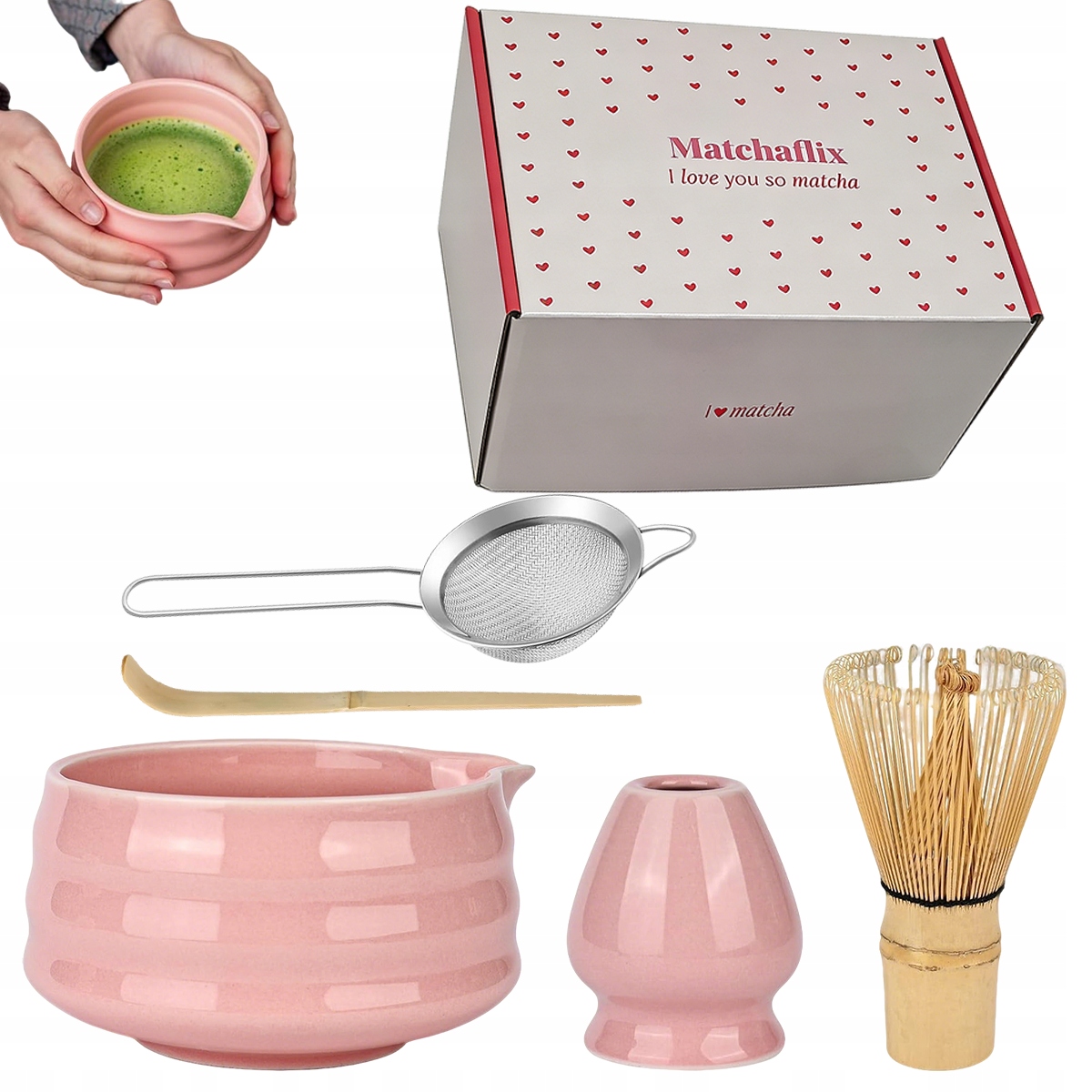 Levně Sada Na Čaj Matcha 5 Ks, Sada V Růžové Barvě, Sada Na Čaj