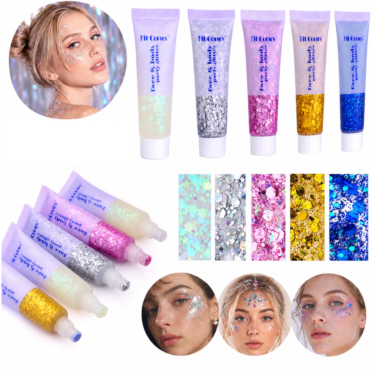 5 Ks Sada Gel Hologram Na Obličej 50 ML Na Ples A Večírky