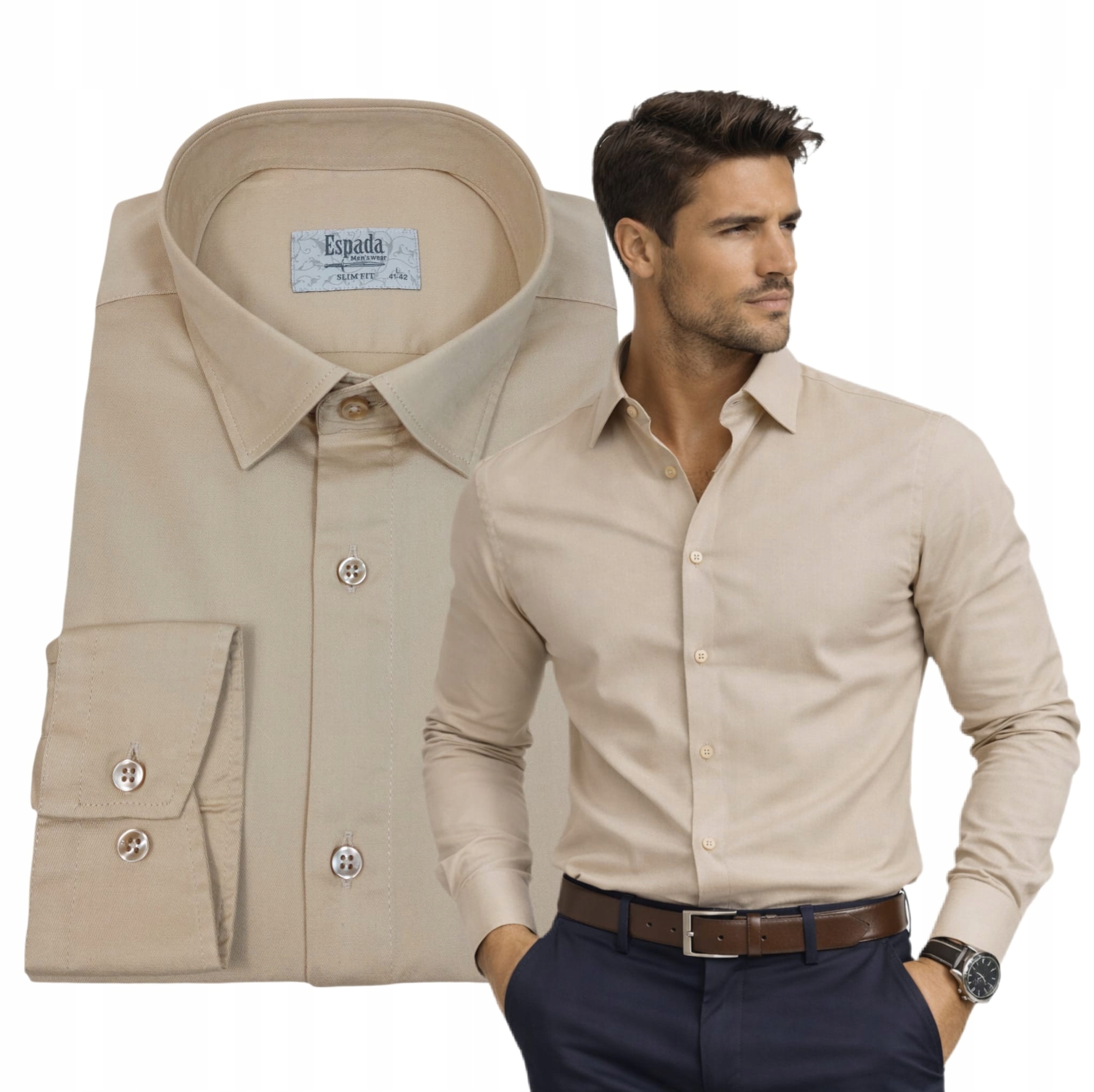 Pánská košile Béžová Matná Silnější Bavlna s elastanem Slim vel. L
