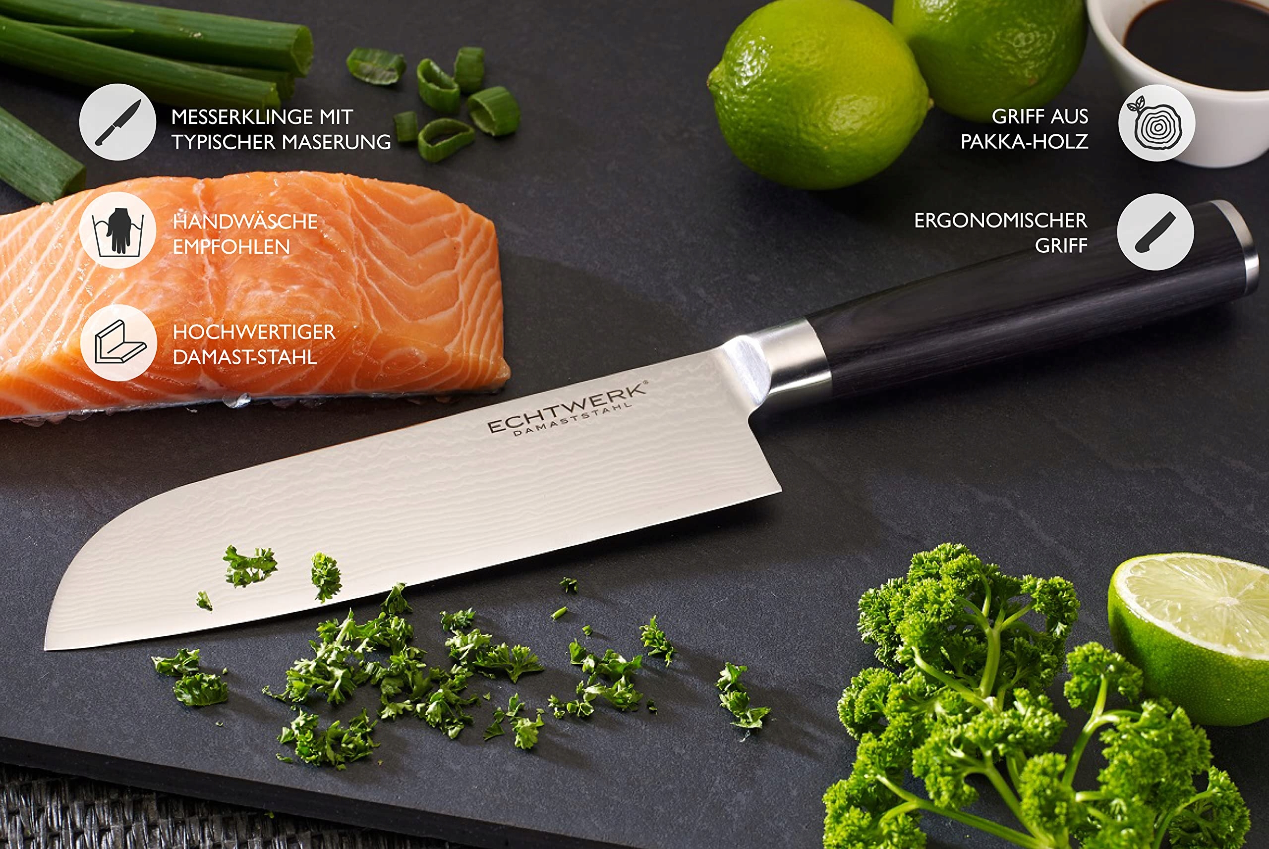 ECHTWERK Nóż Santoku Japoński Do Mięsa Ryb Warzyw Drewniana Rączka — miniatura 6