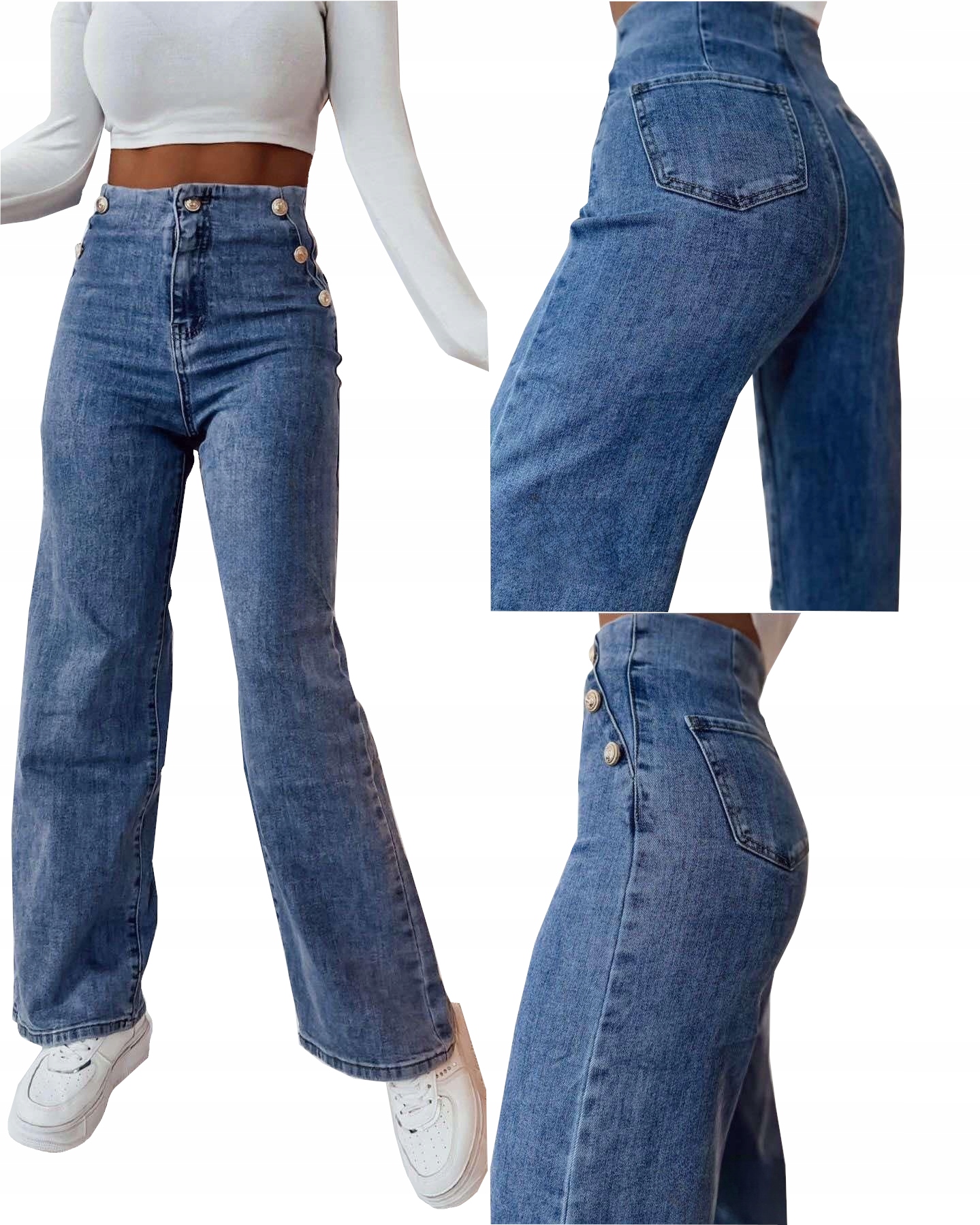 Spodnie Damskie Elastyczne Jeansy Dzwony Szerokie Niebieskie Xs