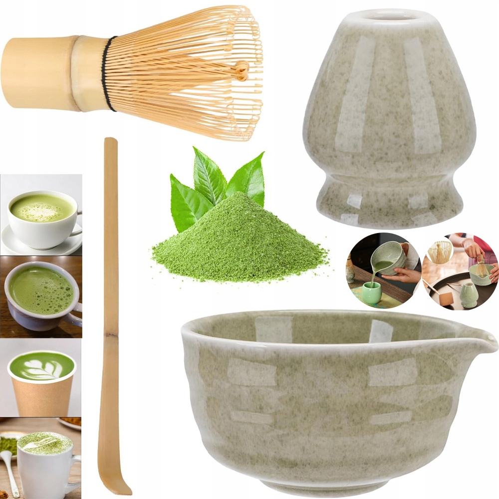 Levně Dárková Sada Na Čaj Matcha Šálek Metlička Podstavec Lžička 4KS