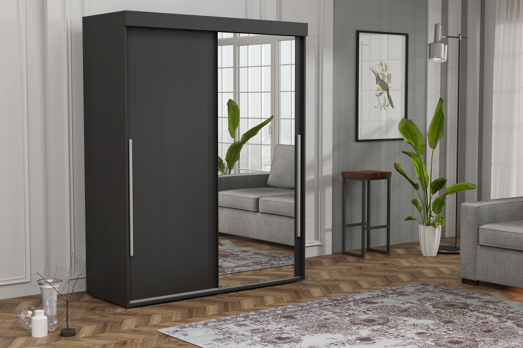 Stylowa Szafa SLIM Przesuwna ALLAM ALU LUSTRO 130X202X45.5 Biała Wąska Kolekcja ALLAM LUSTRO