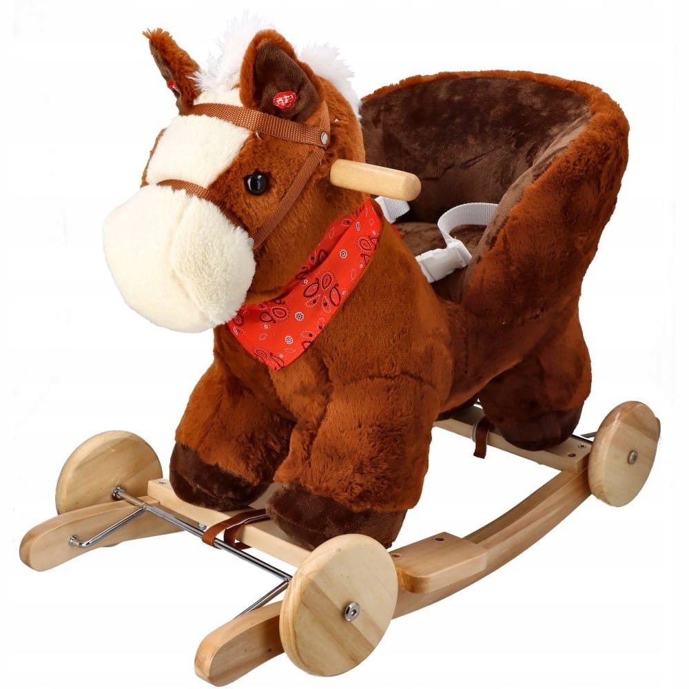 ADAM TOYS BRĄZOWY KONIK NA BIEGUNACH Z FOTELIKIEM I KOŁAMI OD 10 M-CY
