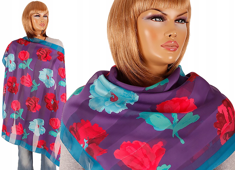 A-9058 CHUSTKA SUPER KOLORY KWIATY SZERSZE PASMA