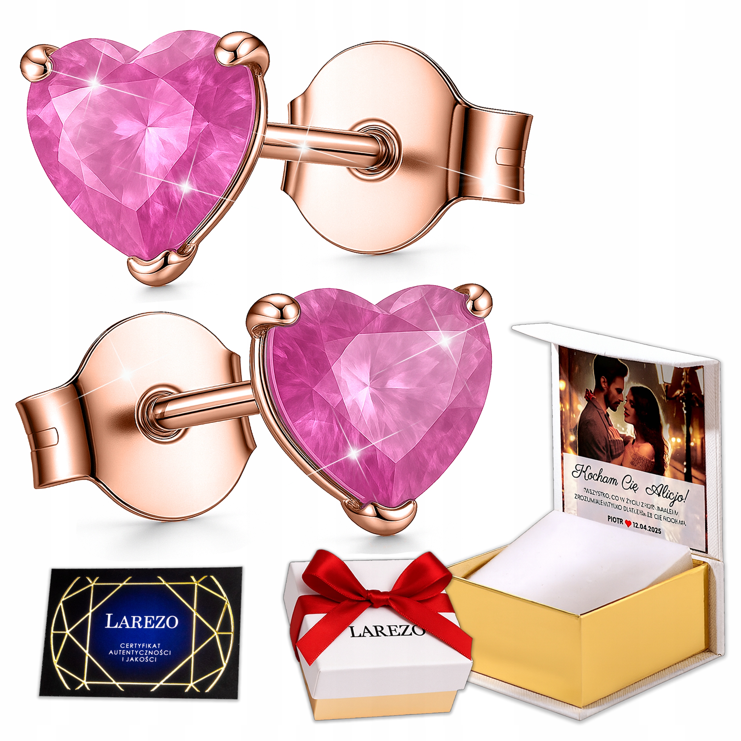 Náušnice Pozlacené 925 Růžové Křišťálové Srdíčka se zirkony Potisk