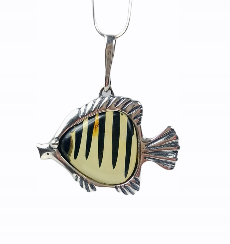 Stříbrný Přívěsek Ryba S Jantarem Přívěsek