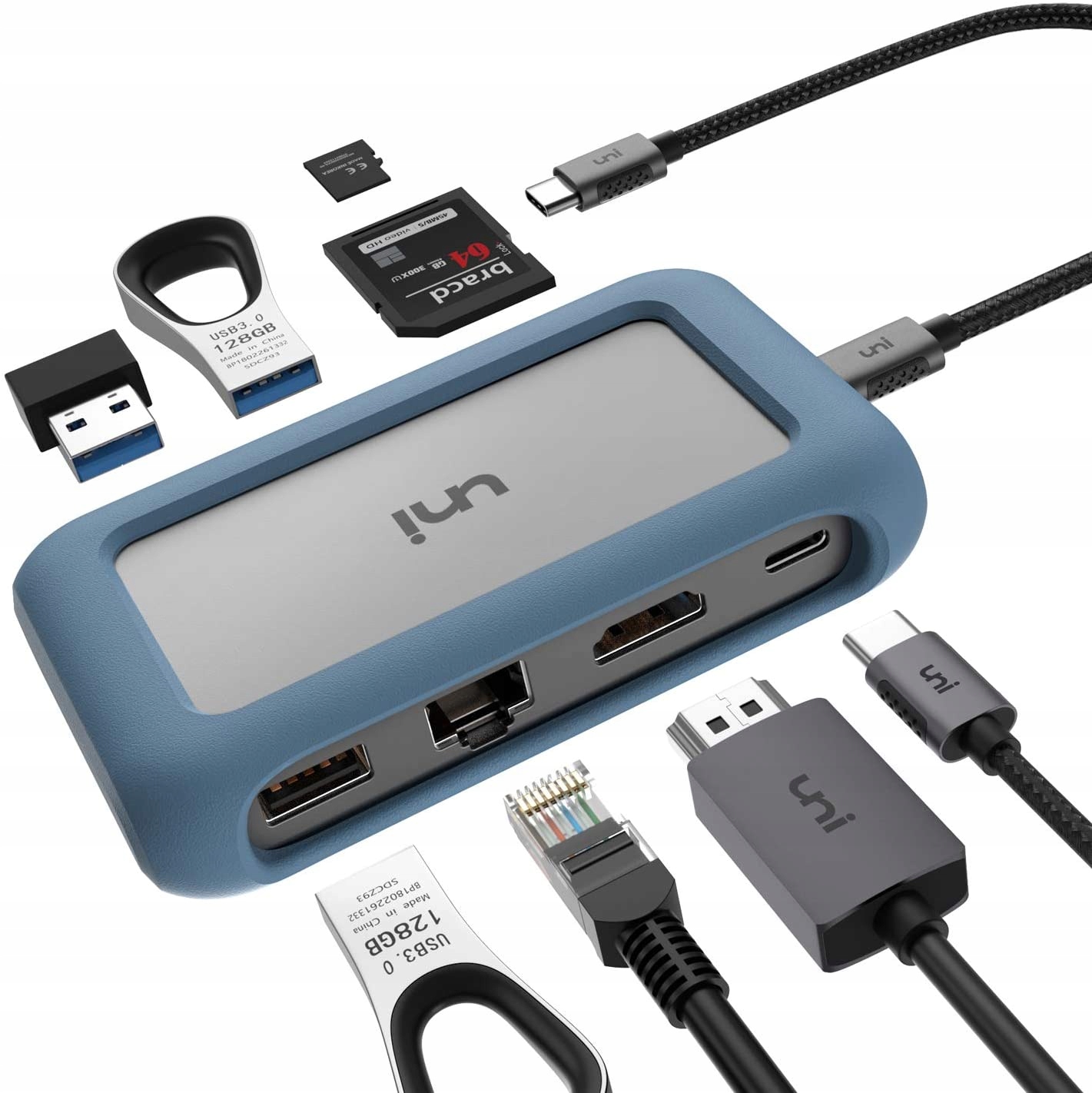 HUB USB-C UNI 8w1 4K HDMI LAN 1000 Mb/s PD 100W USB 3.0 SD/TF IPAD MACBOOK