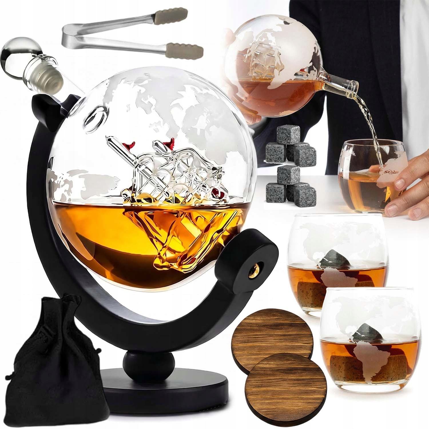 Karafa Na Whisky Globus Loď Stojan Ideální Jako Dárek 900 ML