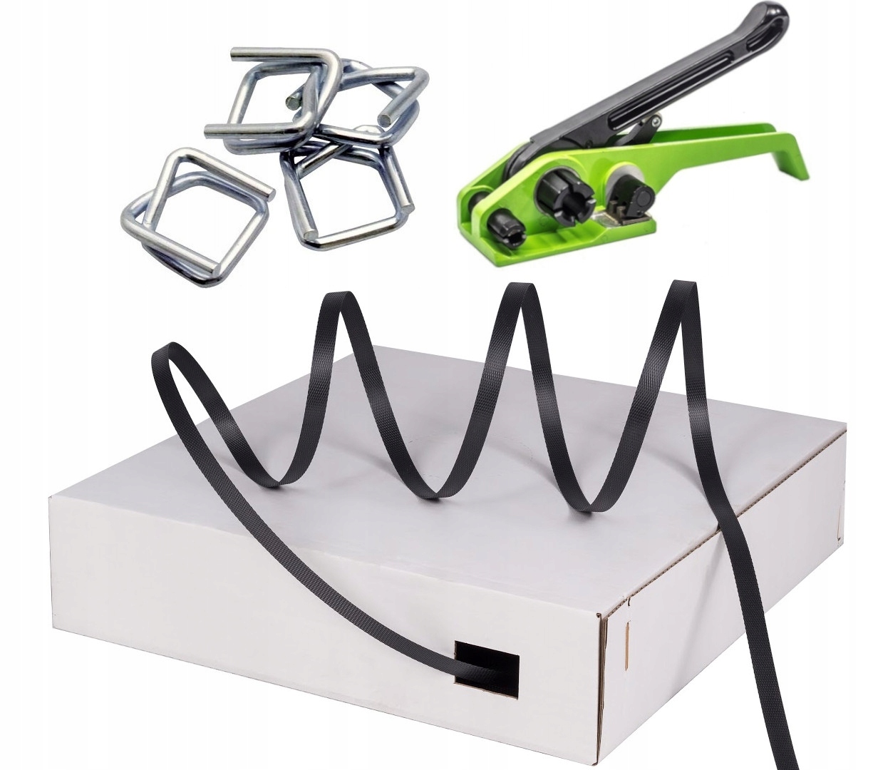 12mm TAŚMA CZARNA W KARTONIE ZAPINKI BANDOWNICA DO PALET ZESTAW