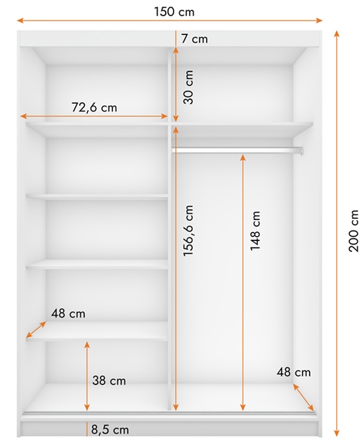 Szafa Przesuwna VISTA 05 150 Lustro półki drążek duża sypialnia KOLORY Wykończenie matowe