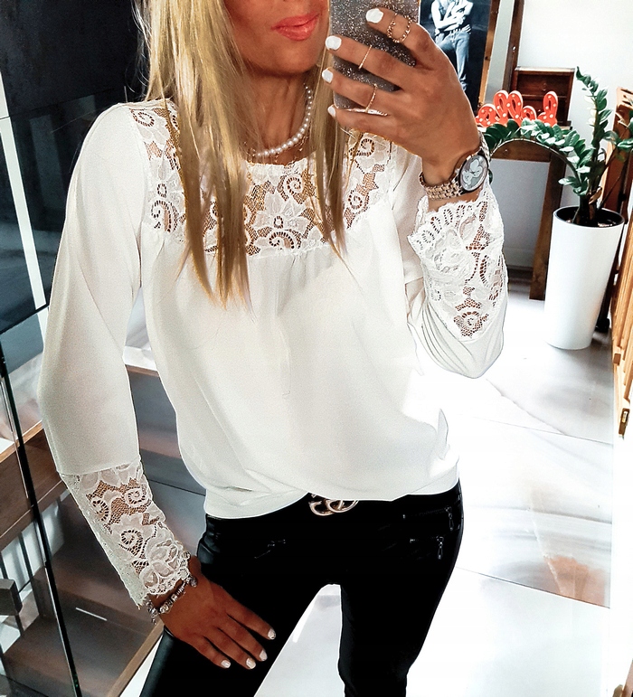 . BLUZKA KORONKOWA ELEGANCKA BOHO KOSZULA LUŹNA Dekolt okrągły