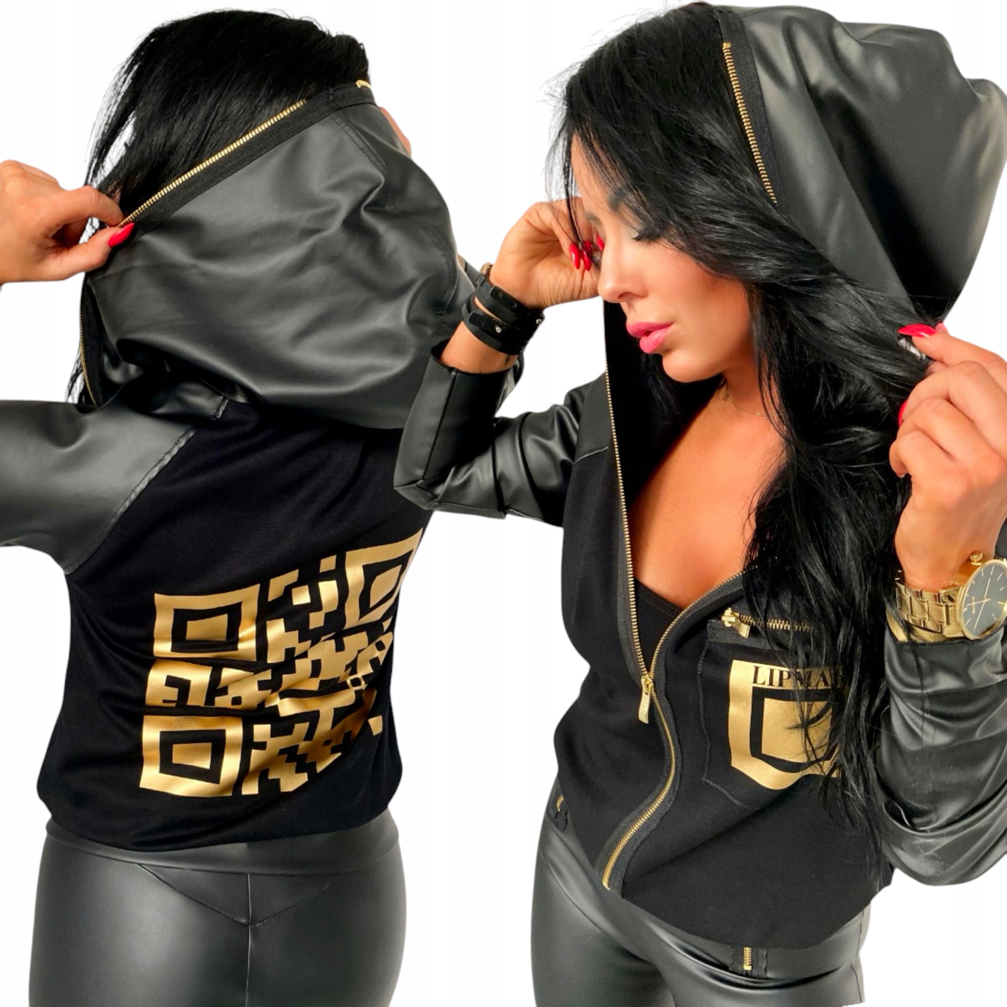 Dámská sportovní Mikina s kapucí s potiskem ekokůže, volný střih S36