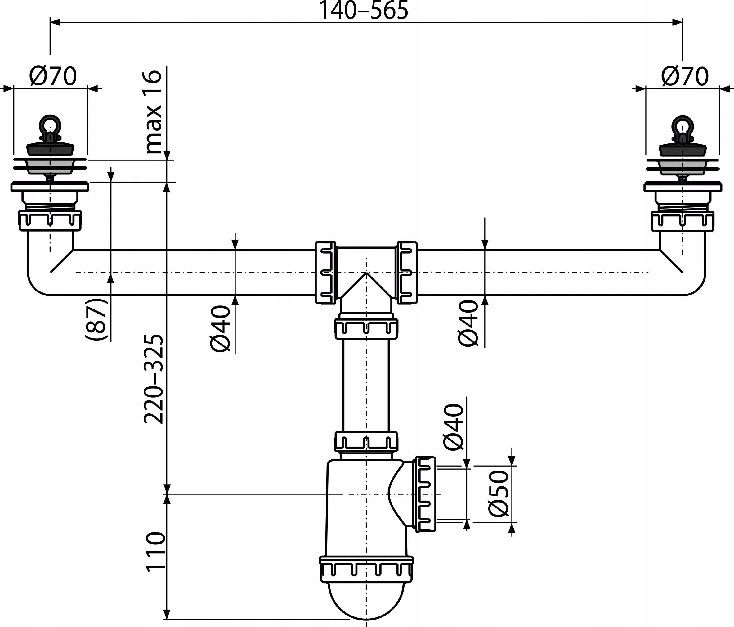 Syfon zlewu dwukomorowego, sitka nierdzewne DN70 Rodzaj zlewozmywakowy