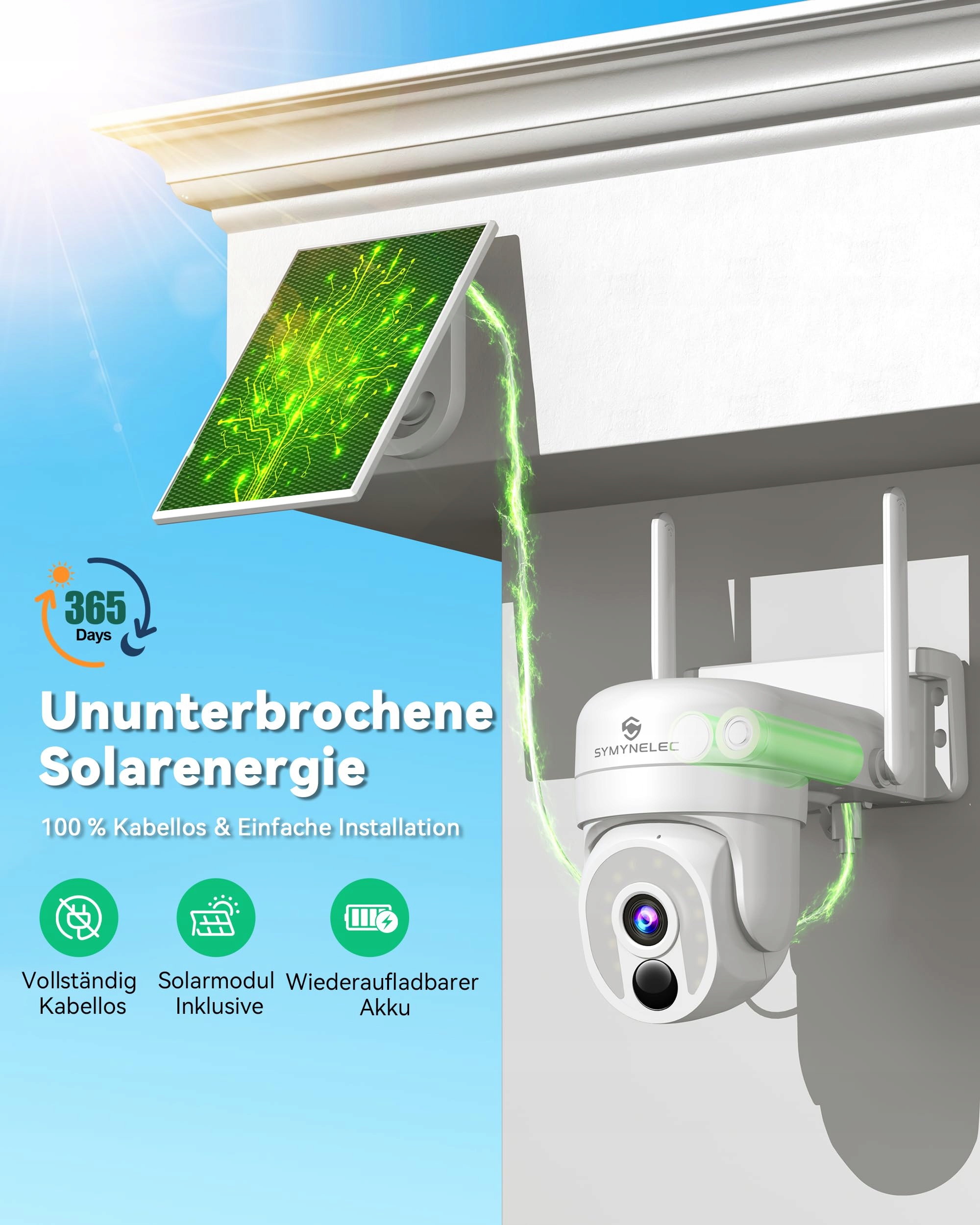 SYMYNELEC Kamera Zewnętrzna 2K Solar 5GHz 24GHz 360° PTZ IP65 Alexa — miniatura 3