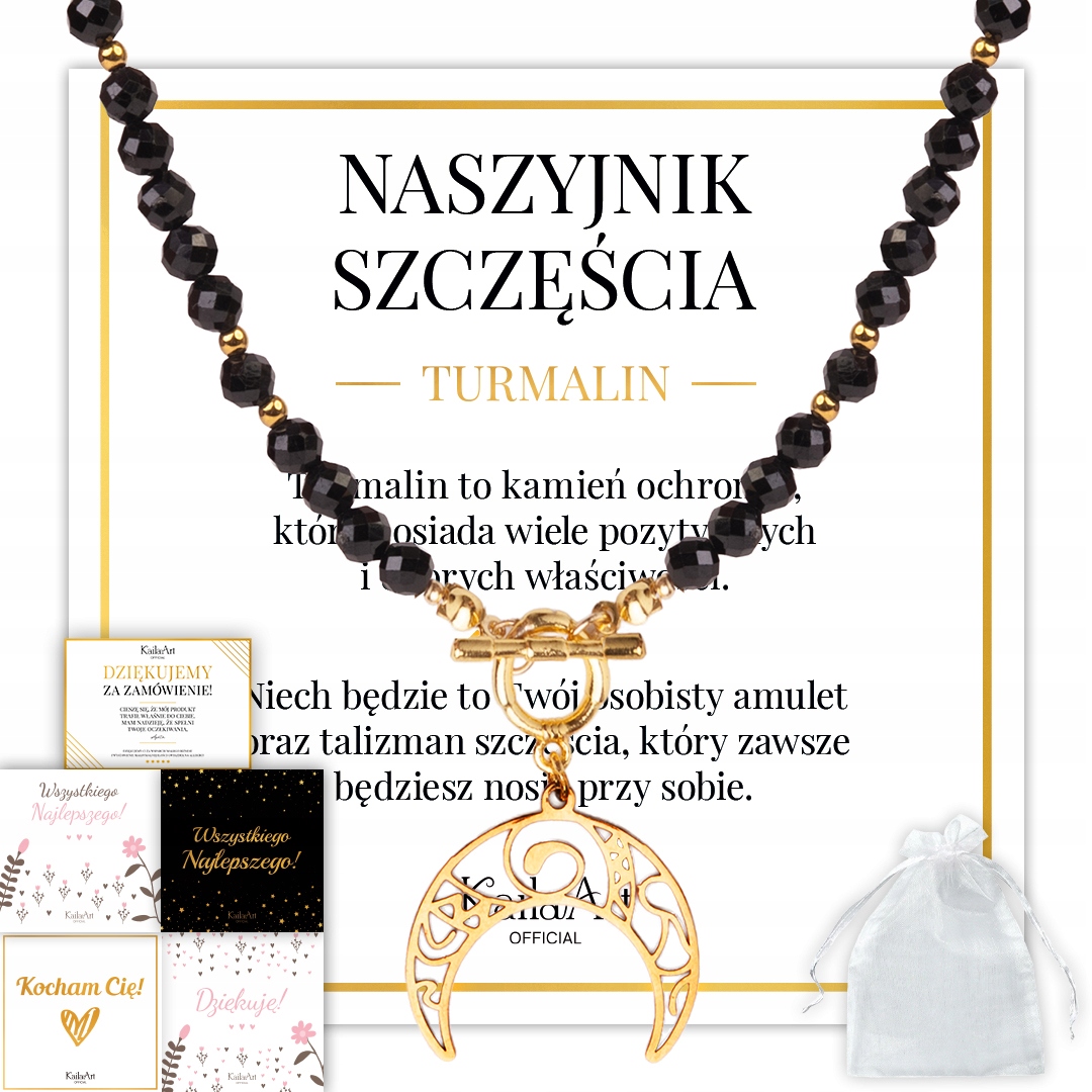 Naszyjnik Czarny Turmalin Z Księżycem Złoty Wisiorek Ze Stali Chirurgicznej
