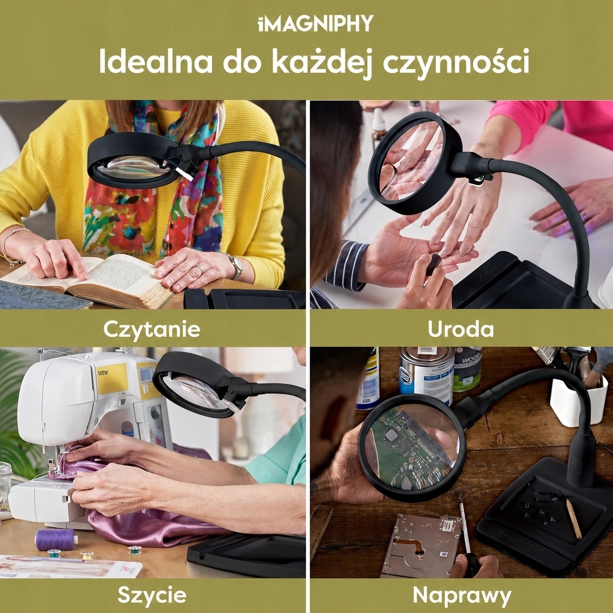Lampa z Lupą 8x Led Biurkowa Szkło Gęsia Szyja iMagniphy Biała.