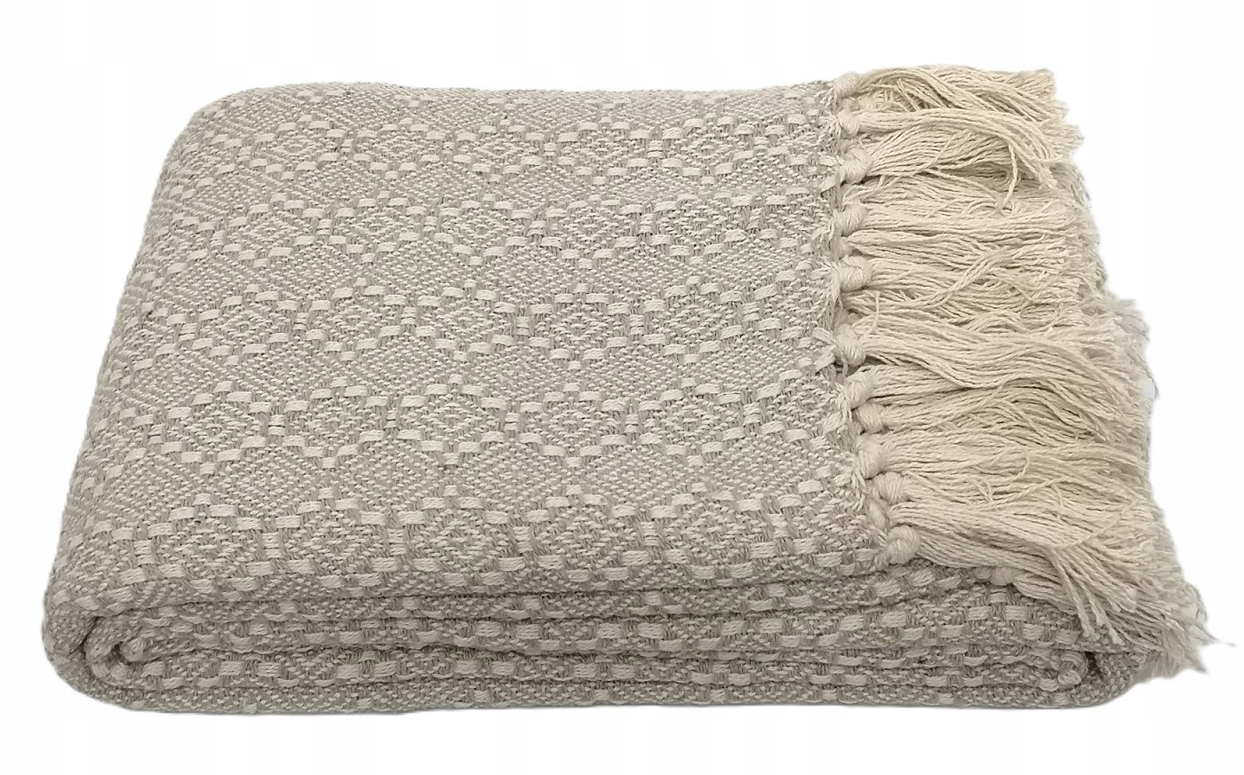 Pled koc bawełniany Liv 150x200 beżowy ecru Boho kapa geometryczna frędzle