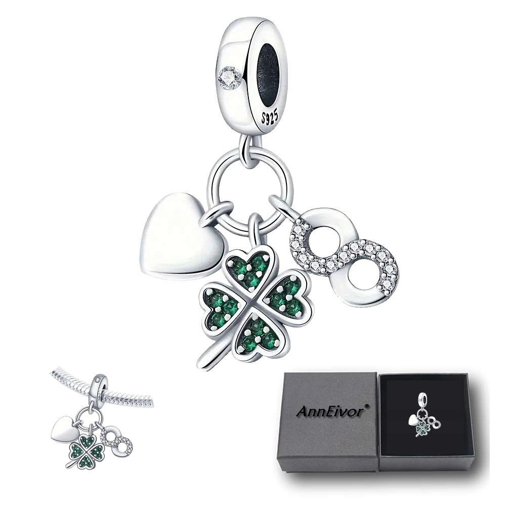 Přívěsek Charm Stříbrný S925 Čtyřlístek Jetel Šťastná osmička