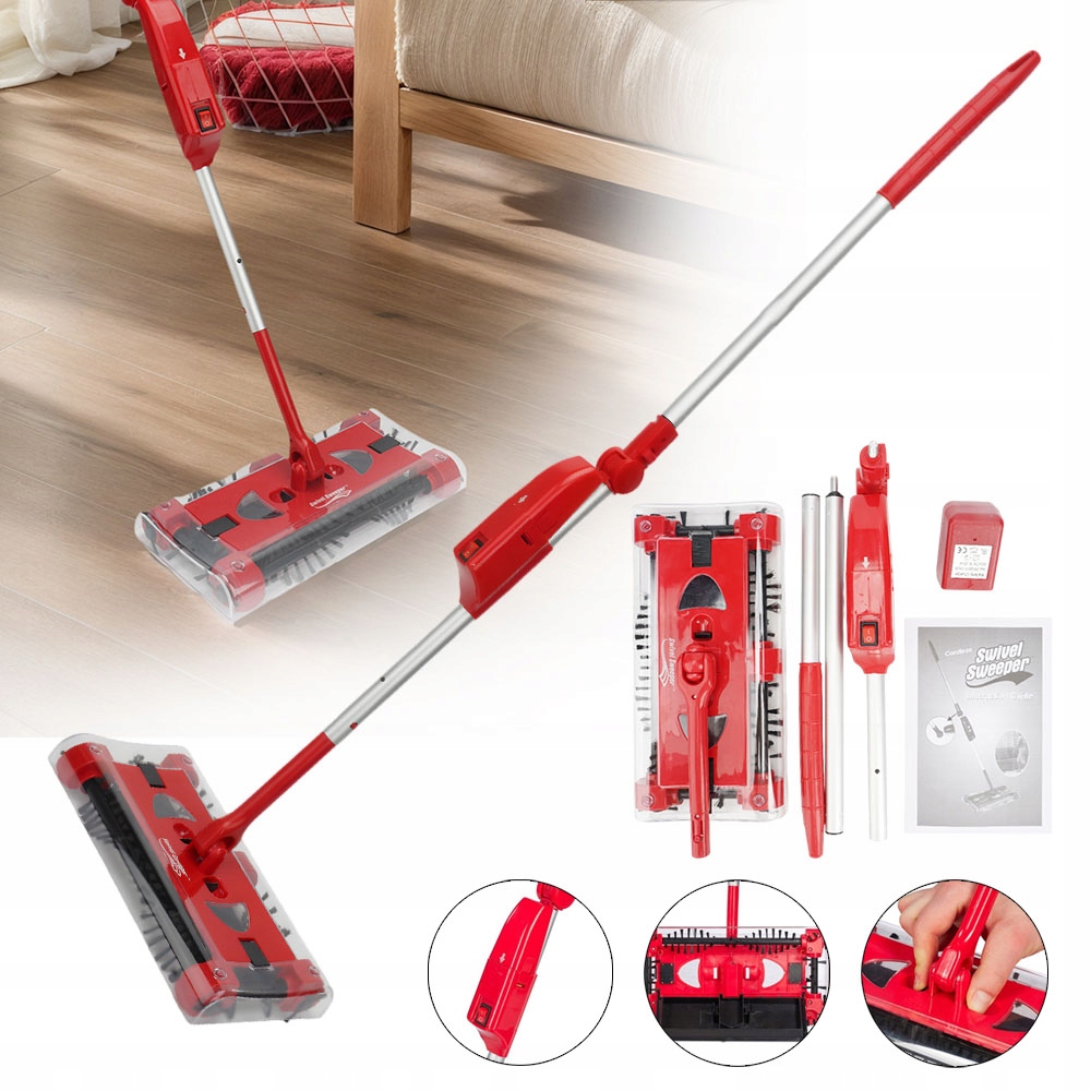 Bezprzewodowa Składana 90° Miotła Elektryczna Z Dywanów I Parkietu Czerwona