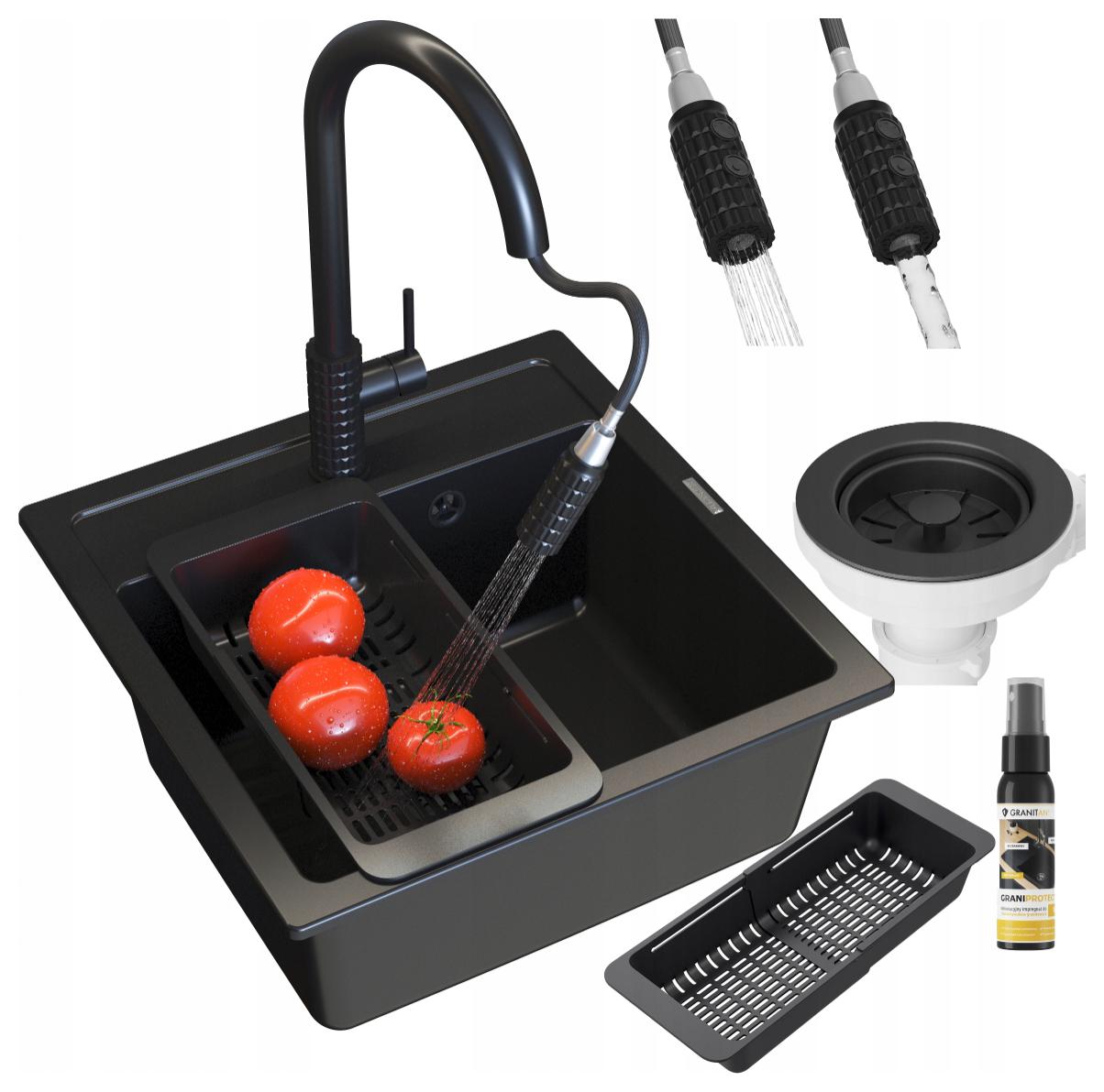 Granitový dřez Černý Malmo Set Dřez baterie Snake Pro černá sifon