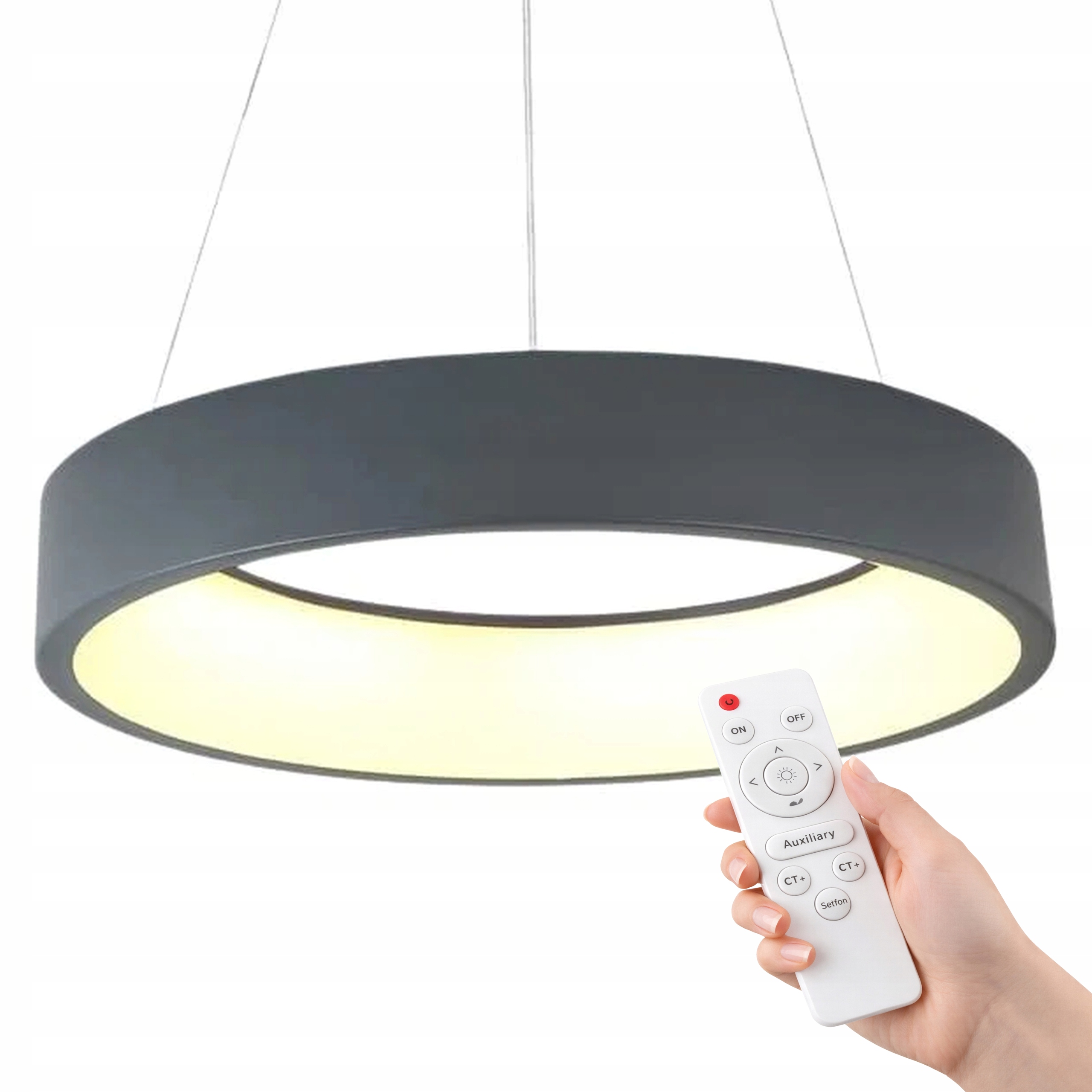 Závesná Lampa Okrúhla Luster Sivý Ring 45CM Do Obývačky Diaľkový Ovládač