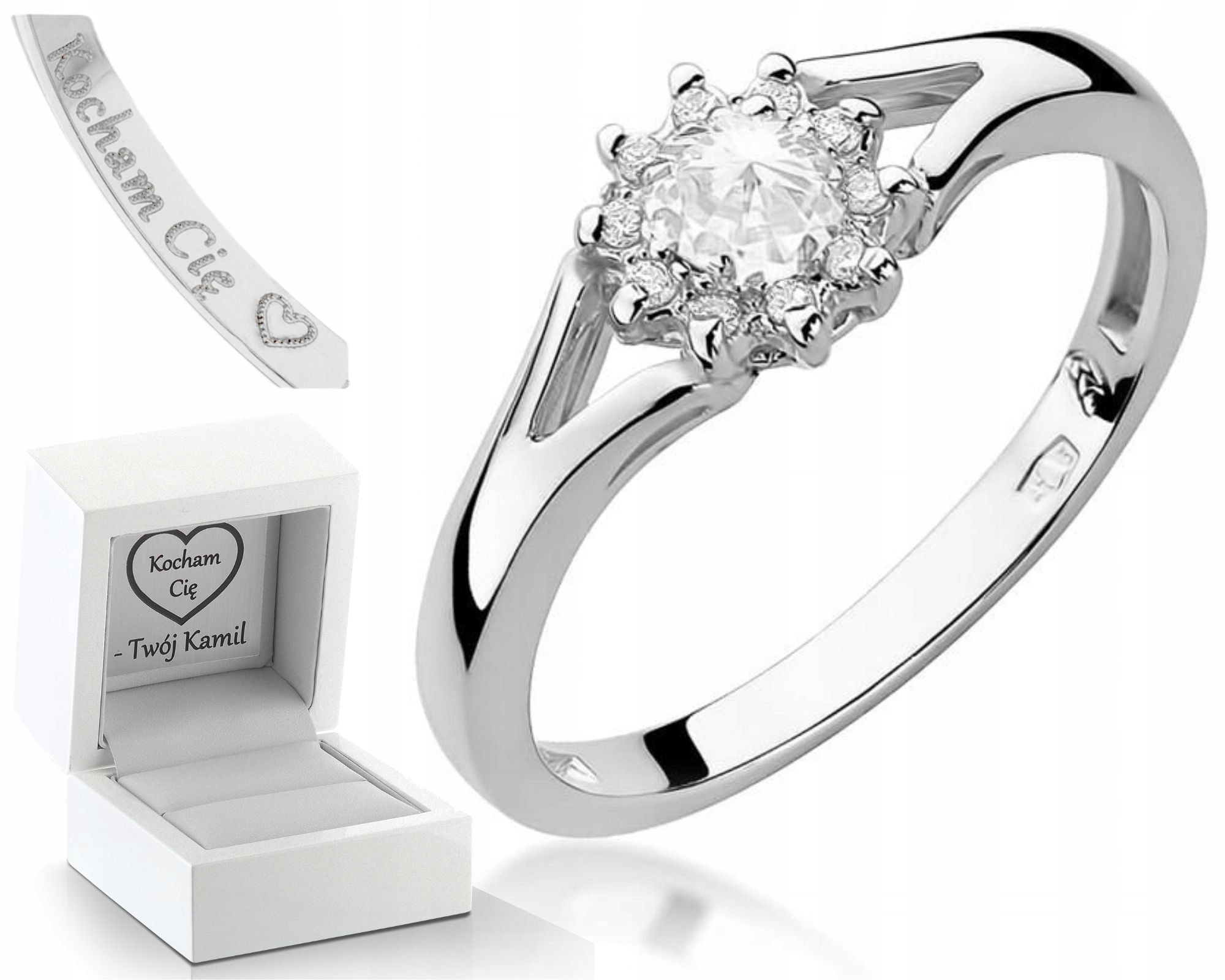 Bílé Zlato Prstýnek Diamanty Gravírování Bonus 585 Dárek