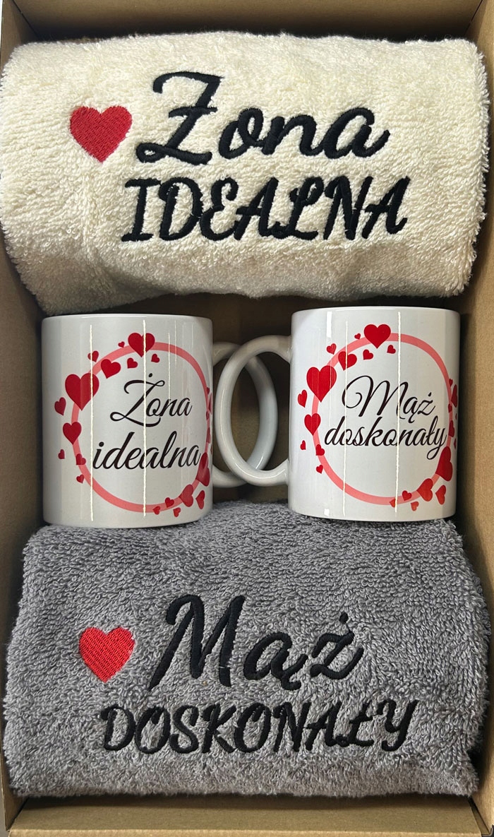 Dárek Na Svatba Sada Ručníků 50X100 Výšivka Set 2X Hrnek Manžel A Manželka