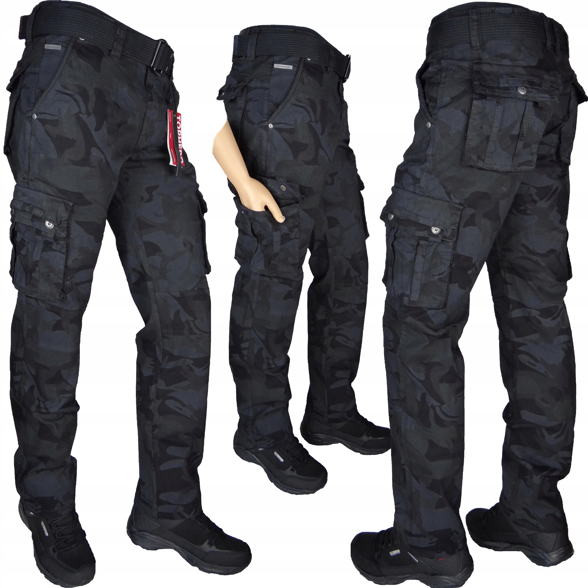 SPODNIE BOJÓWKI CZARNE MORO Stretch z Paskiem Różne Rozmiary r34 IT/Th-1