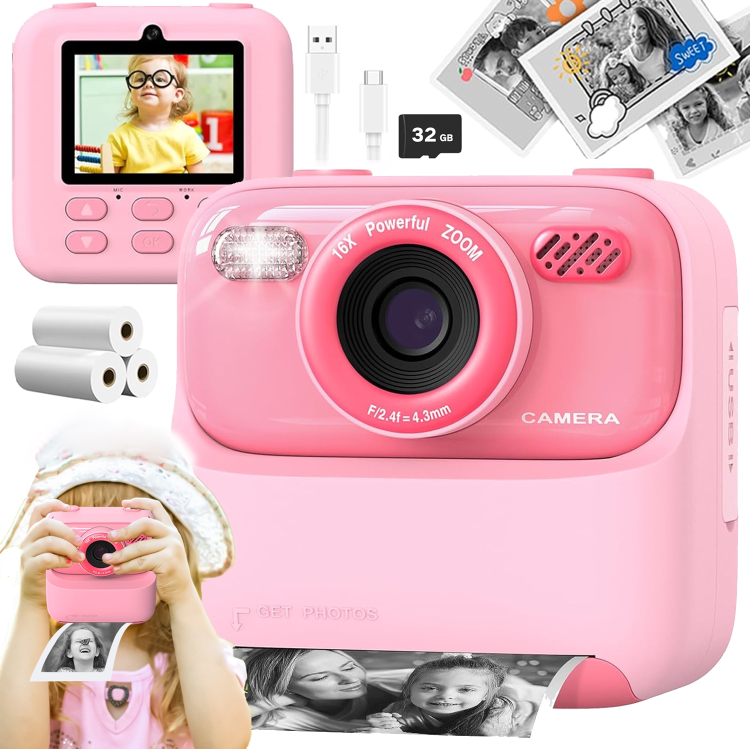 Fotoaparát S Tiskárnou Růžový Videohry Okamžitý Tisk 3 Role Usb 1200MAH